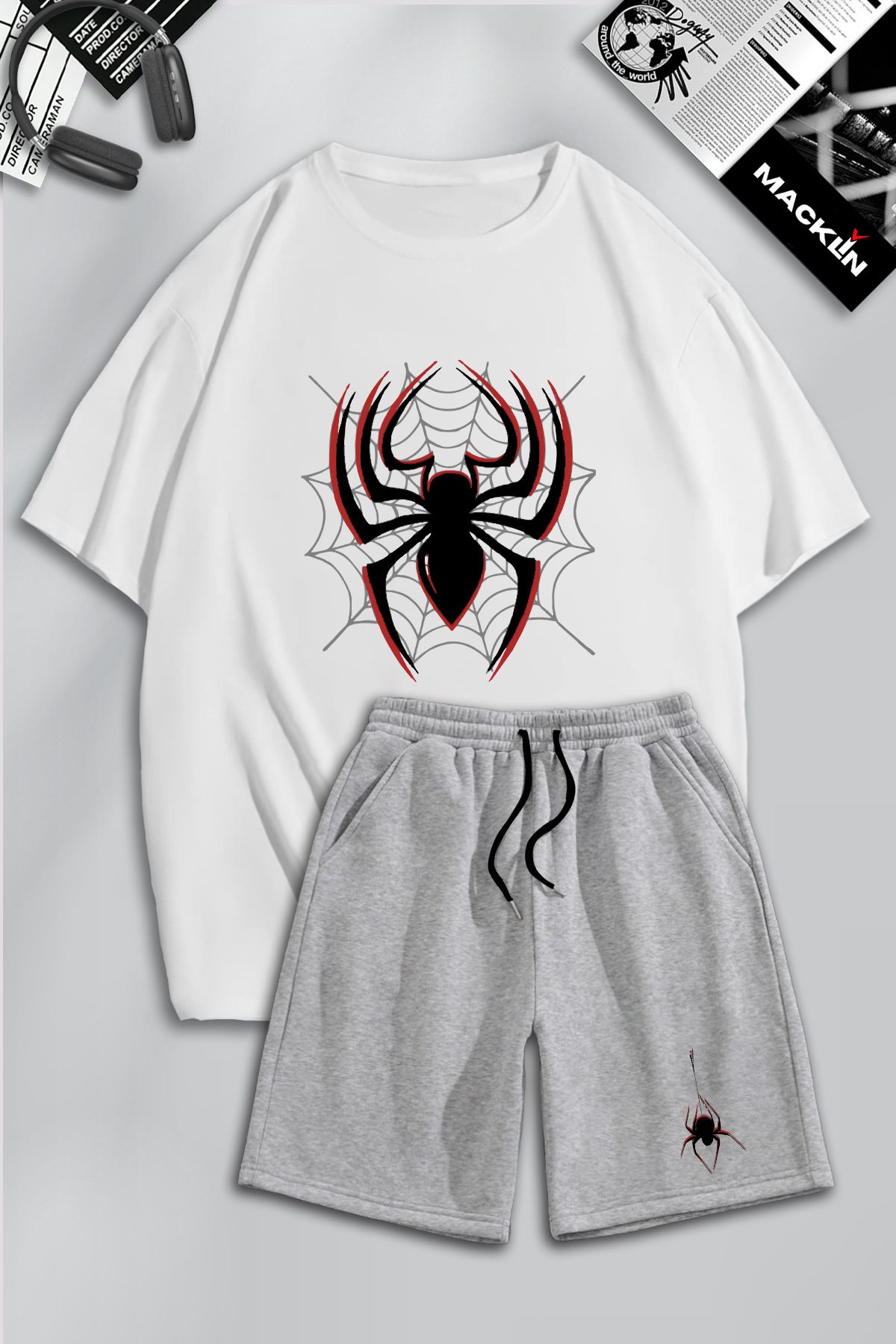 macklin Set De Trening Unisex, Bărbați, Femei, Cu Imprimeu Păianjen, Cu Design Special, Tricou Și Pantaloni Scurți Supradimensionați Unisex - L