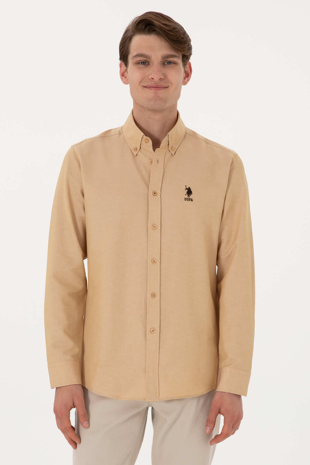 یو اس پولو پیراهن مردانه آستین بلند طرح شتری کد ۵۰۲۹۸۰۲۱-VR015