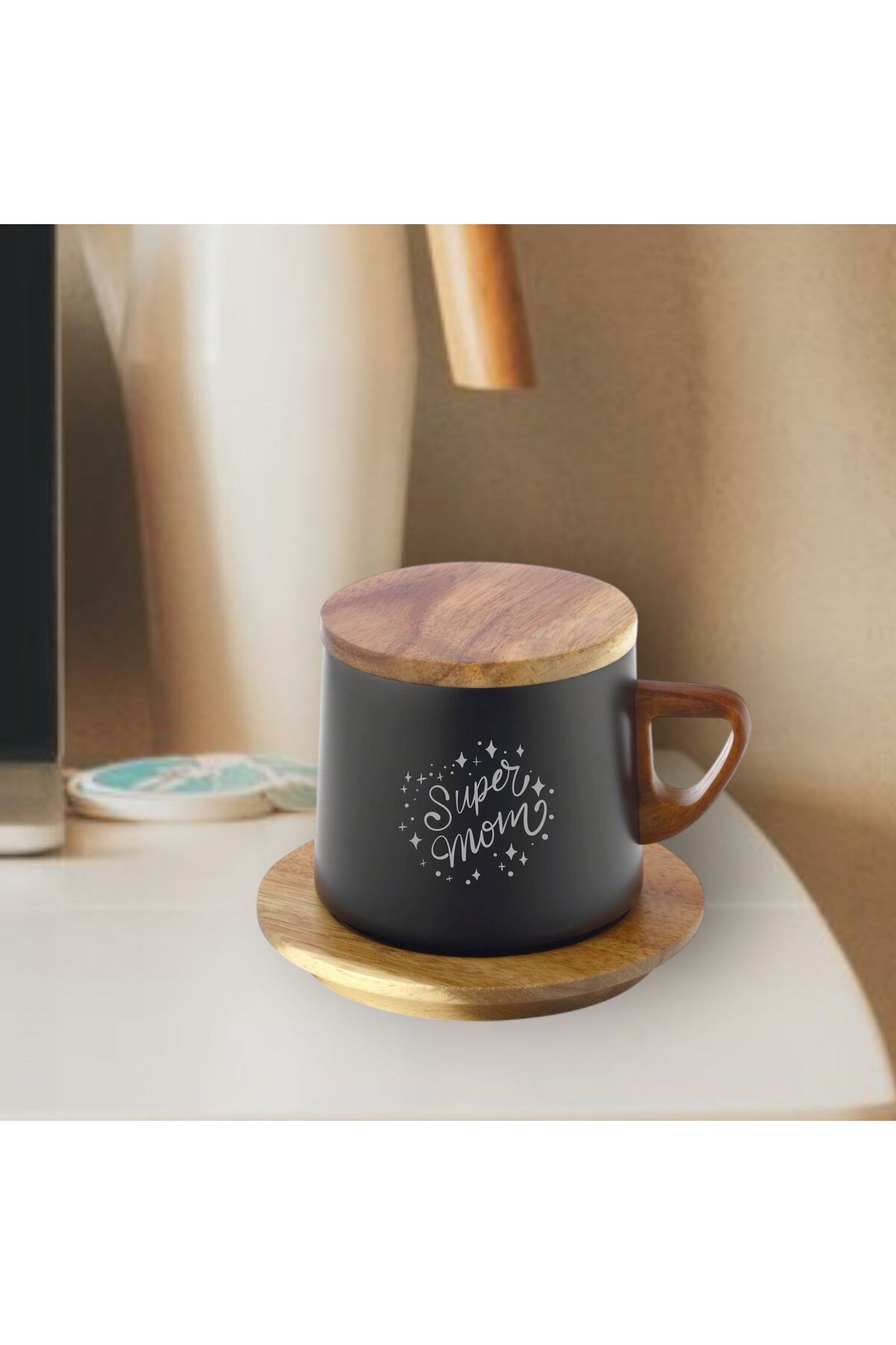 HippoDeco Ahşap Altlıklı Çelik Termos Bardak 250 ml Kapasiteli Annelere Özel Kazıma Desenli Termos-best Mom fotoğrafı 3 (önizleme)