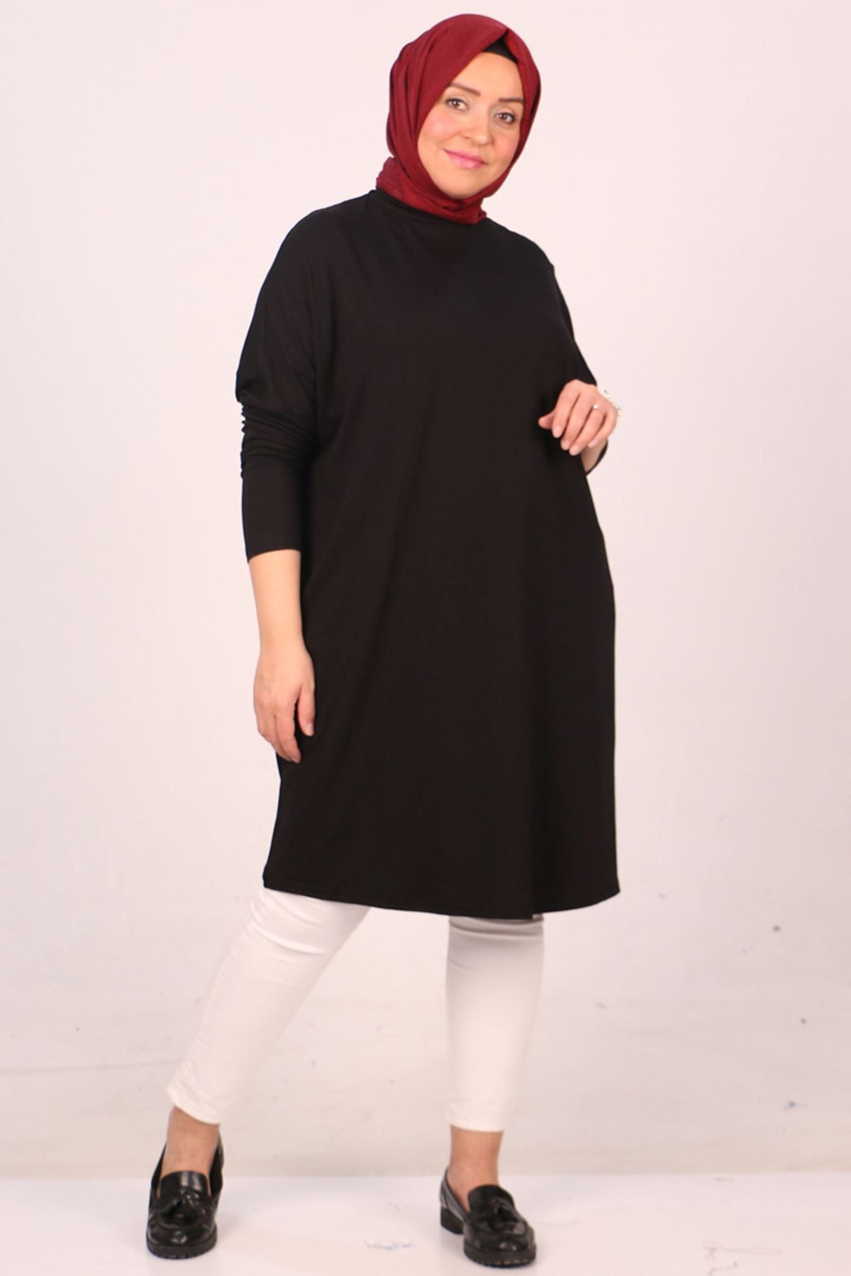 Eslina-28092 Large Size Low Sleeve Combed Cotton Tunic-black 4