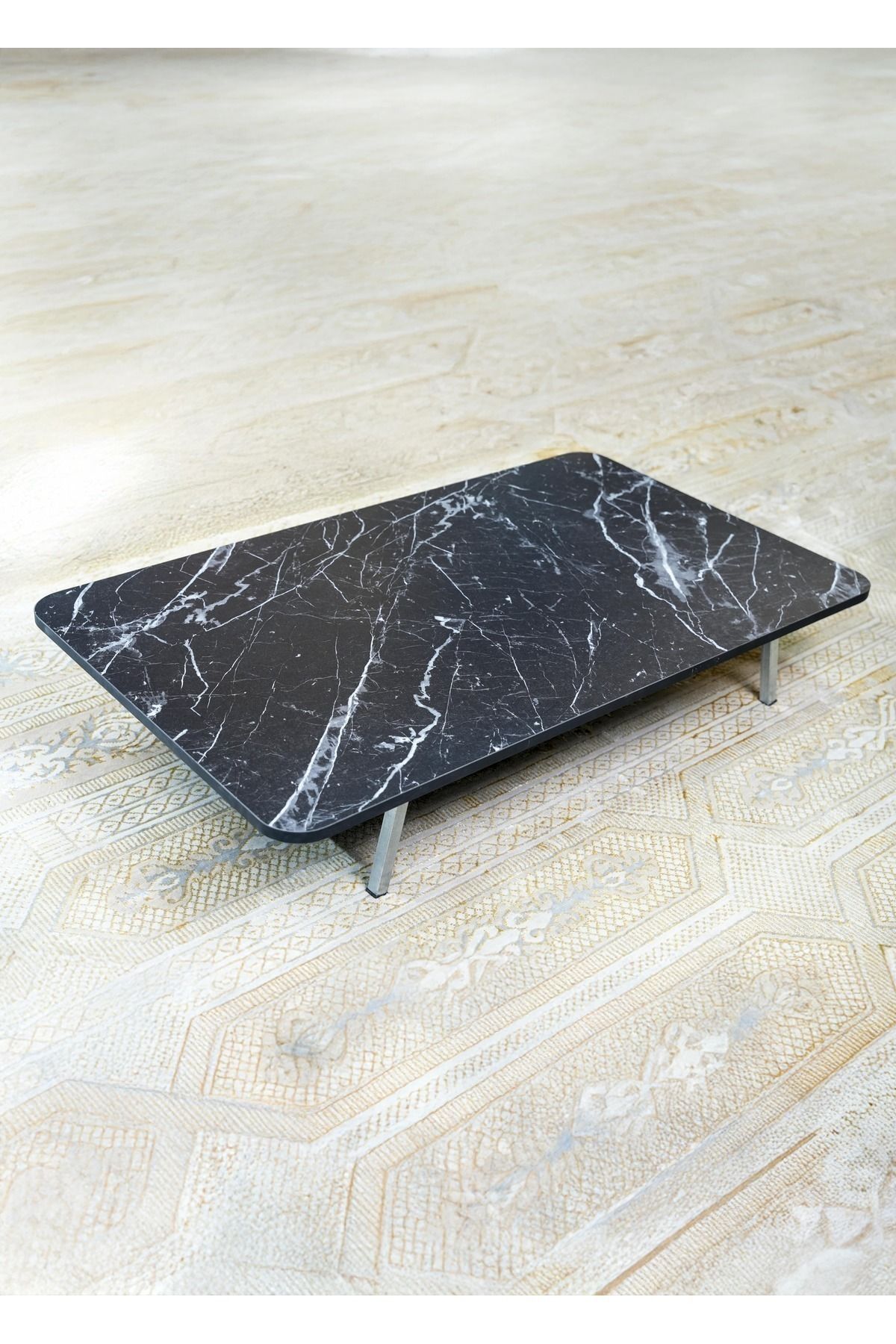 Zevahir Mobilya Dekorasyon 60x100 cm Siyah Mermer Desenli Metal Katlanır Ayaklı Kamp Bahçe Ev için Dikdörtgen Yer Sofrası