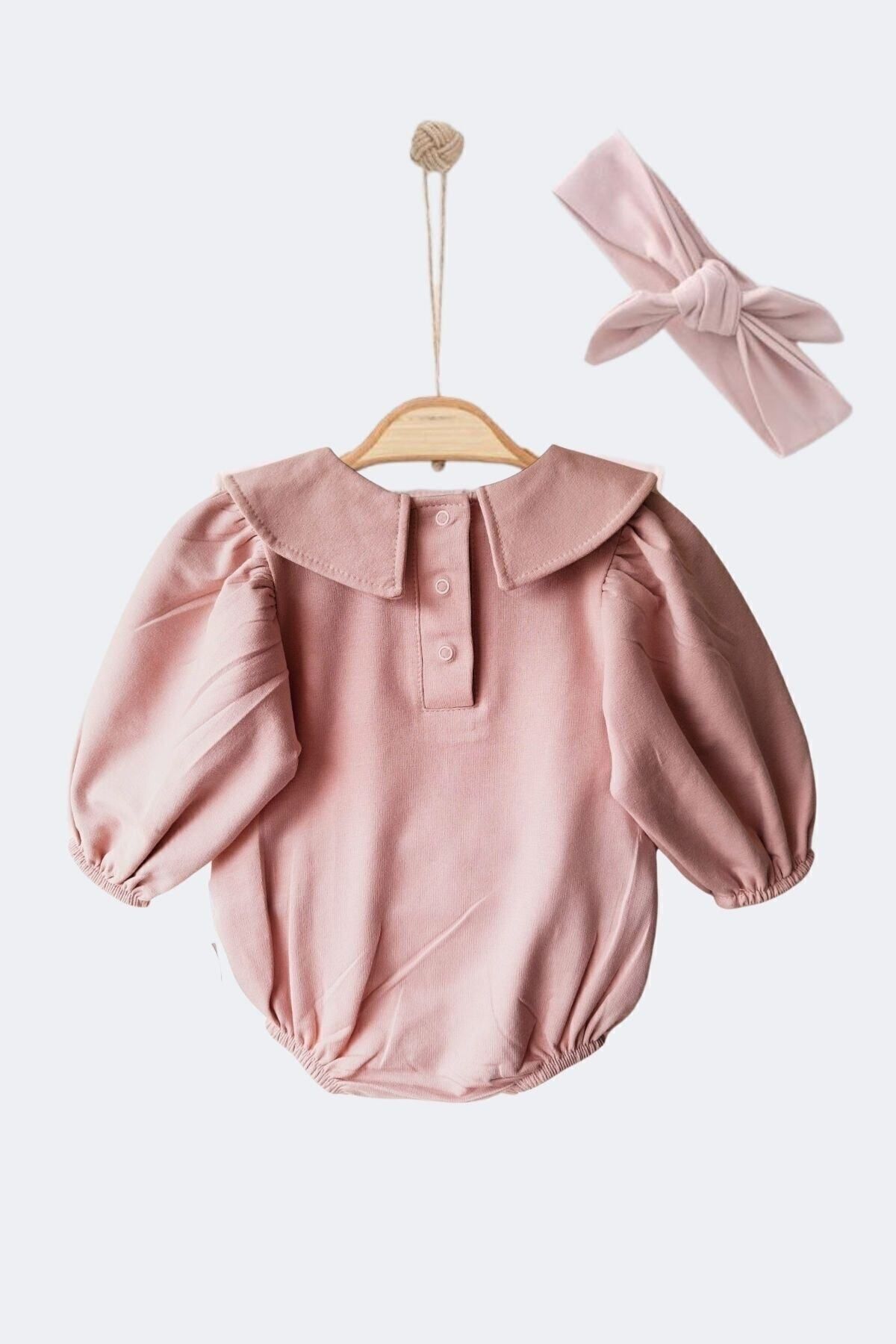 Minytrendy Kız Bebek Little Love Üçgen Yaka Bandanalı Balon Kol Bayramlık Romper Yenidoğan Tulum Takım-pudra fotoğrafı 5 (önizleme)