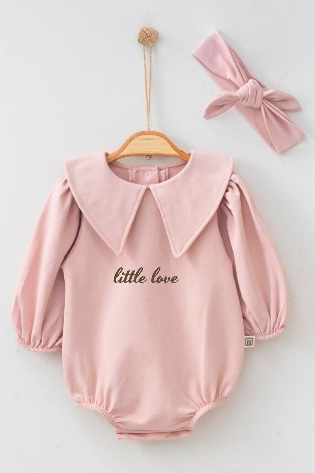 Minytrendy Kız Bebek Little Love Üçgen Yaka Bandanalı Balon Kol Bayramlık Romper Yenidoğan Tulum Takım-pudra fotoğrafı 4 (önizleme)