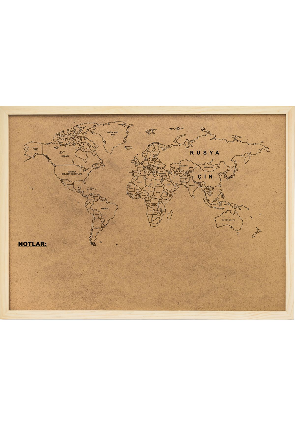 AND Mantar Pano Dünya Haritası Ahşap Çerçeveli 45x60 Cm + Harita Çivisi