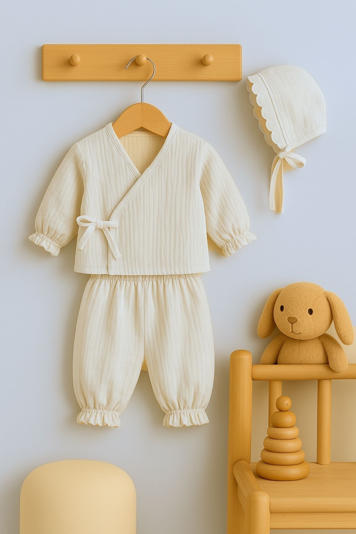 Minytrendy İsimli Yenidoğan Kız Bebek Organik Müslin Şapkalı Kruvaze Takım Hastane Çıkışı Tulum Hediyelik fotoğrafı 3 (önizleme)