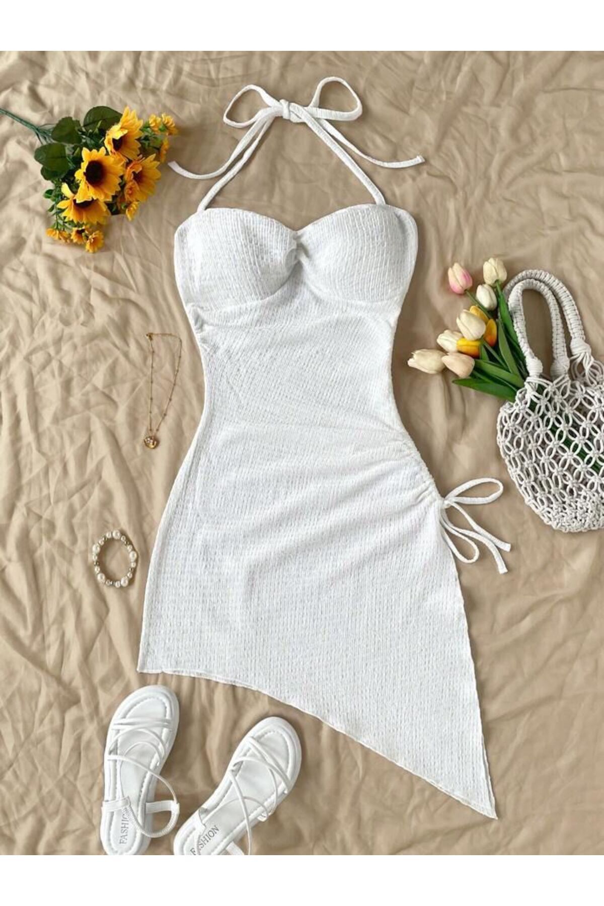 WAY OF LOVE BOYUNDAN BAĞLAMALI BÜRÜMCÜK KUMAŞ PLAJ ELBİSESİ