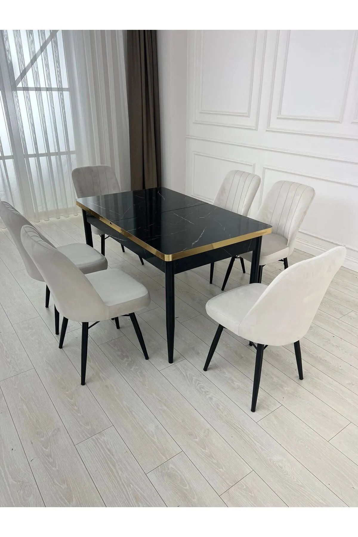 MEDA CONCEPT 6 Kişilik Yemek Odası Takımı Siyah Mermer Desenli Gold Pvc