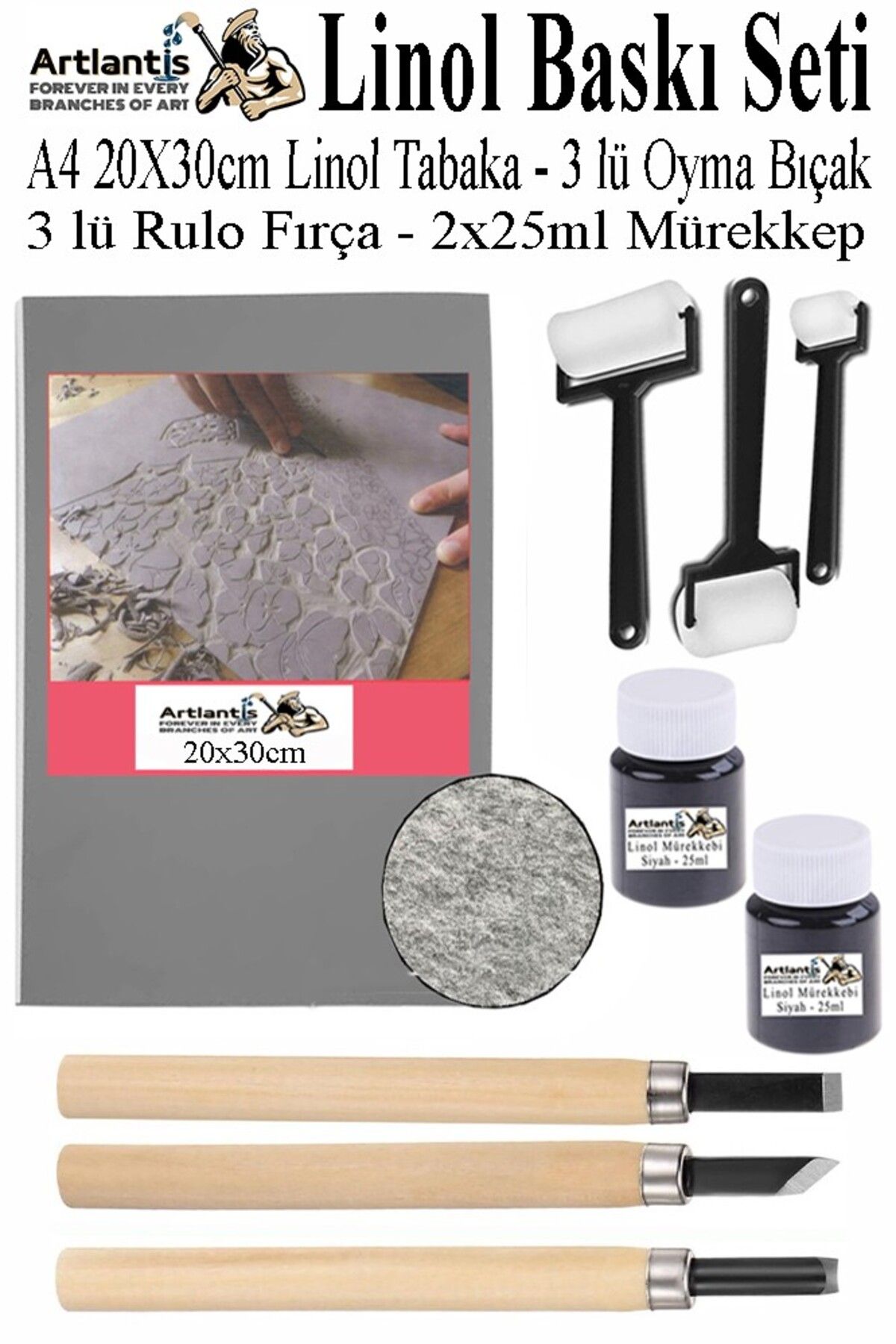 Linol Baskı Seti 1 Paket A4 20x30 Linolyum Tabaka Gri Linol Oyma Seti 3 Bıçaklı Kretuar Rulo Fırça M - 1