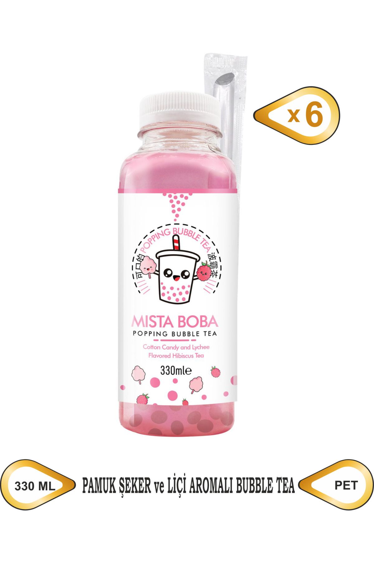 MISTA BOBA Pamuk Şeker Ve Liçi Aromali Hibiskus Çayli Bubble Tea 330ML 6'lı Paket