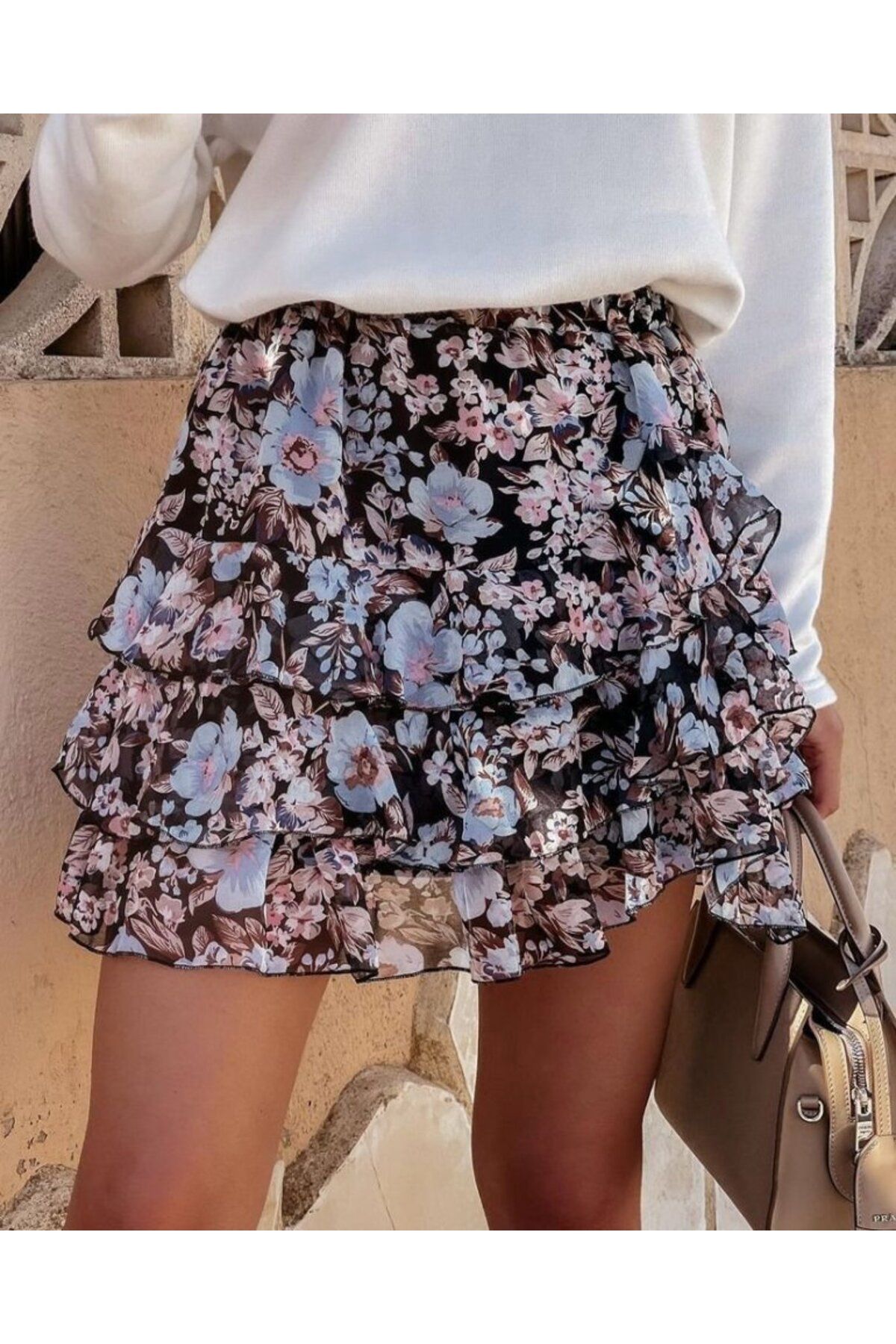 velmorafashion Kadın Çiçek Baskılı Şifon Etek