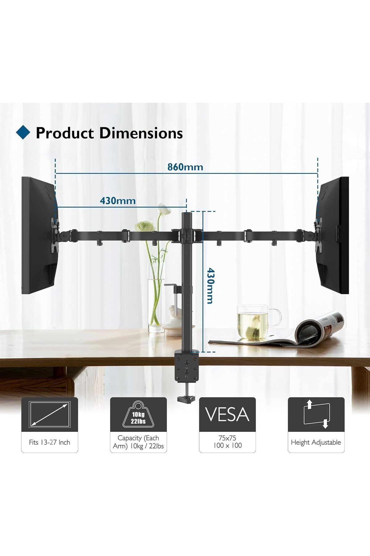 fulina-Height Adjustable Bracket Monitor Arm Dual Flex,17-32 inch Screen,Desk Mount Swivel and Tilt 4