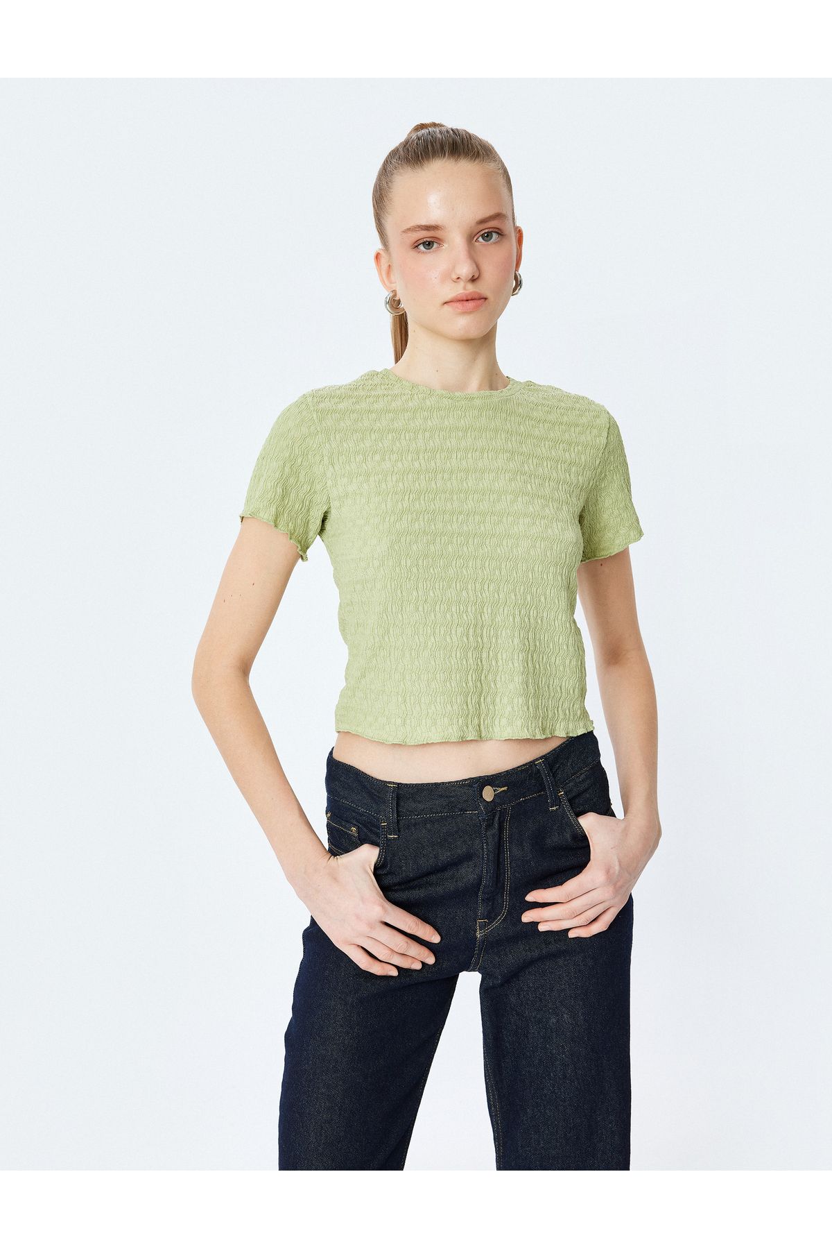 Koton Yeni Sezon Basic Kısa Kollu Bisiklet Yaka Dokulu Crop Tişört Bürümcük
