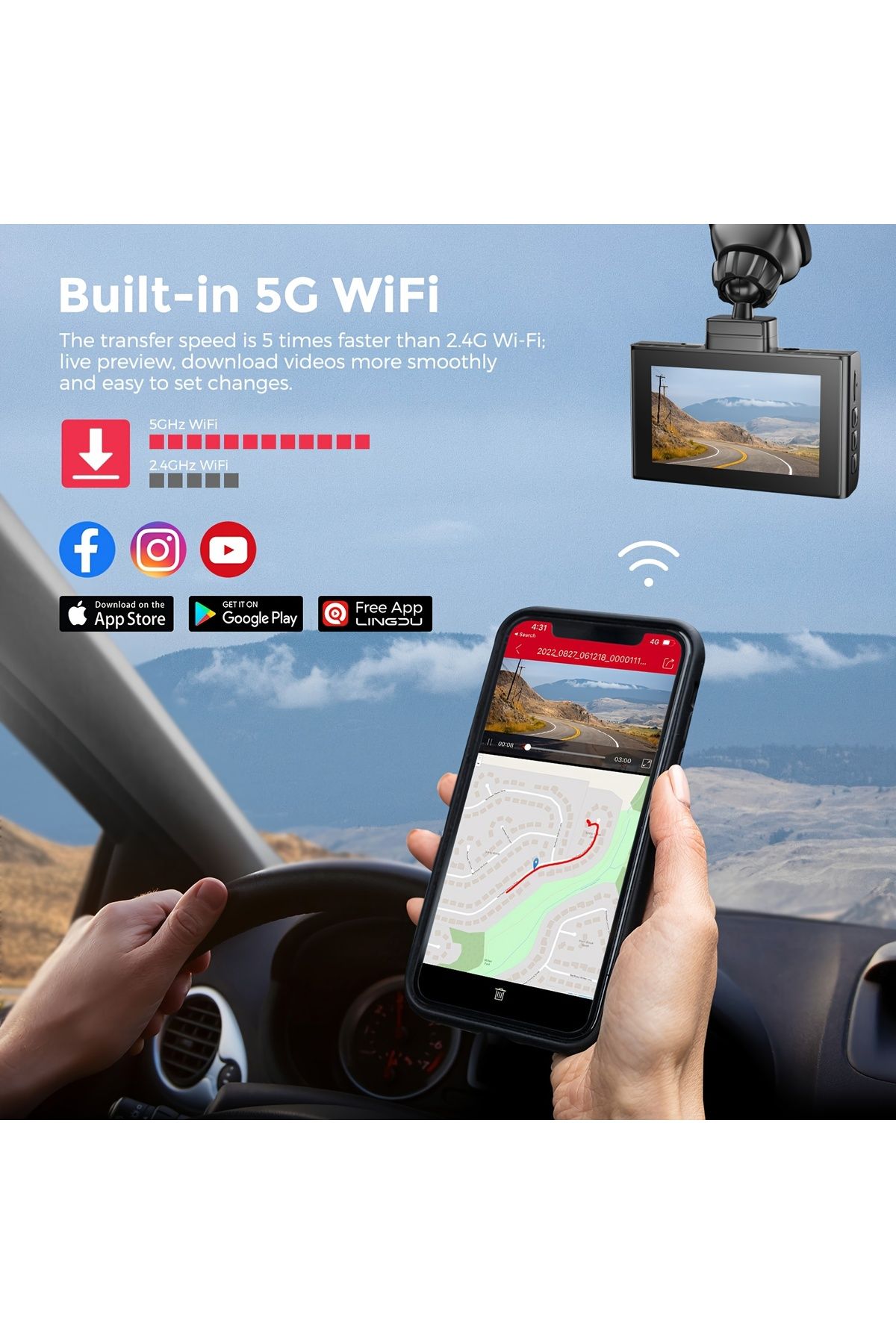 ROCKCAMEL-LD02 Lite 4K UHD Driving Recorder, Includes 64GB TF Card, Built-In WiFi 5