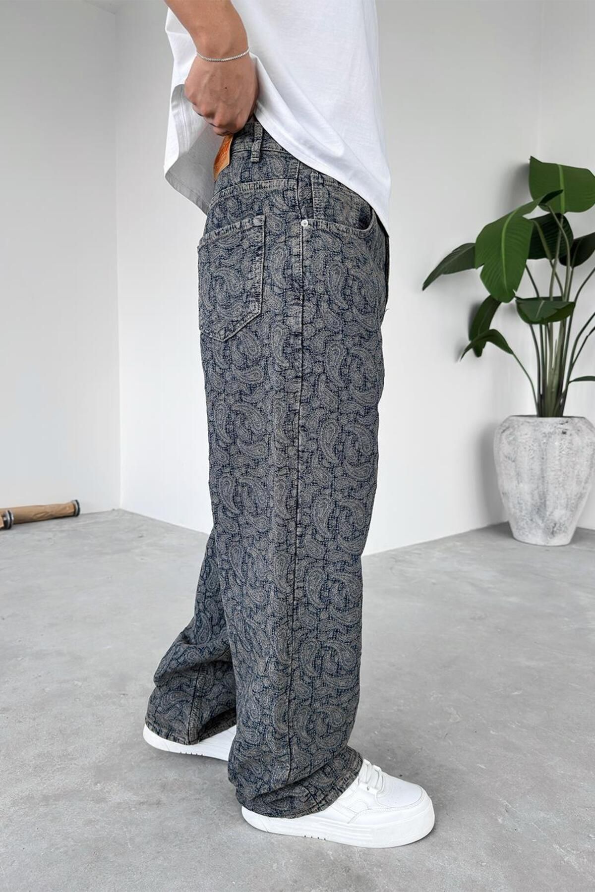 HAFKAGİYİM-Navy Blue Ethnic Patterned Premium Baggy Trousers 2