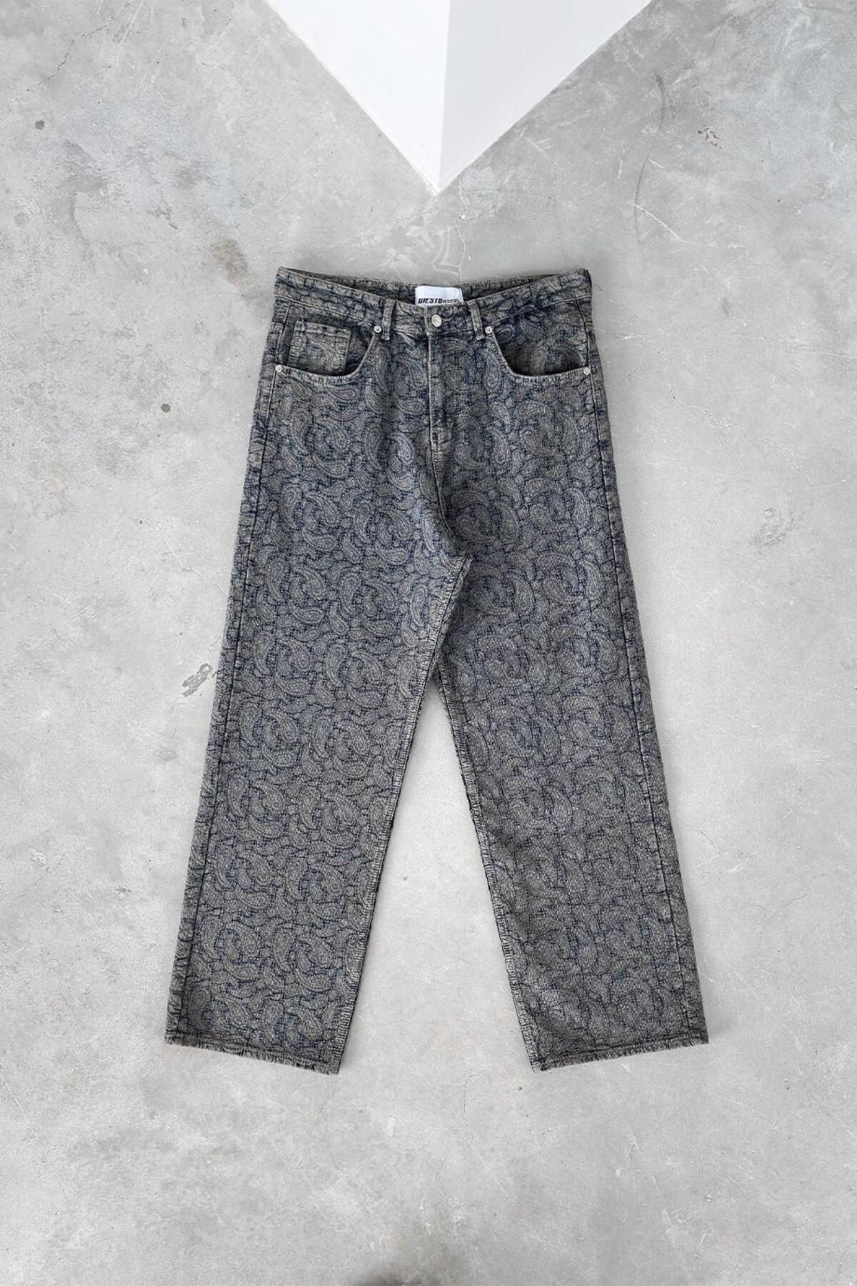HAFKAGİYİM-Navy Blue Ethnic Patterned Premium Baggy Trousers 4