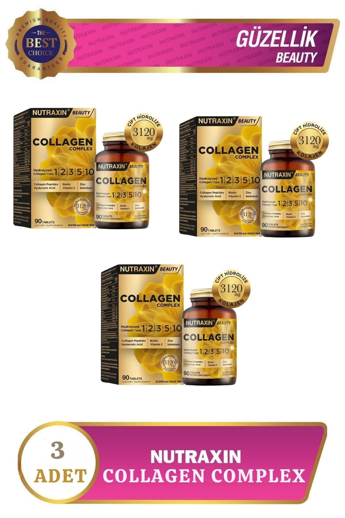 Nutraxin Collagen Beauty Complex 90 Tbl - Hidrolize Tip 1, 2, 3, 5, 10, Biotin, Zinc, Bakır, Hya,
