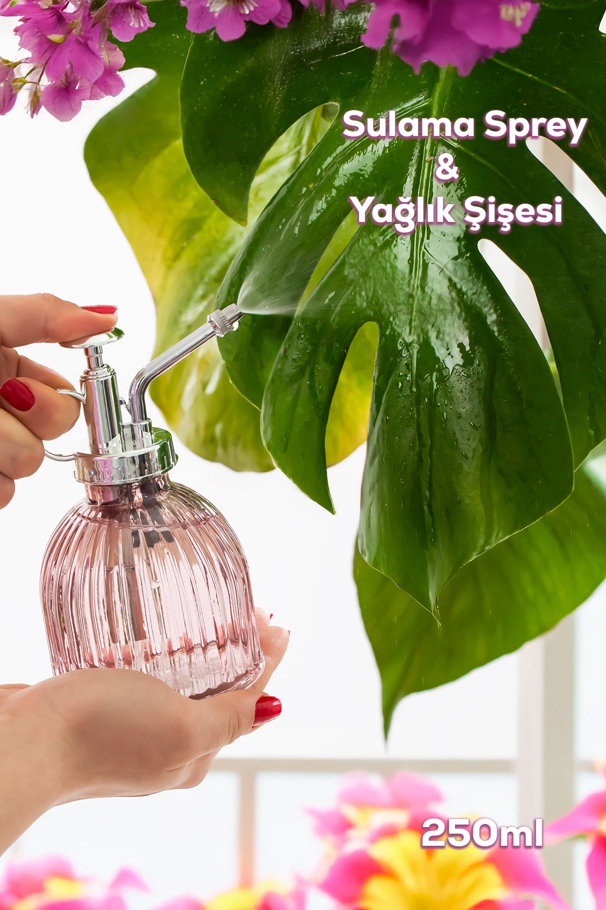 Perotti 15731 Pembe Vintage Cam Bitki Sulama Şişesi Oda Kokusu Dağıtıcı Çok Amaçlı Sprey Şişe 250 ml