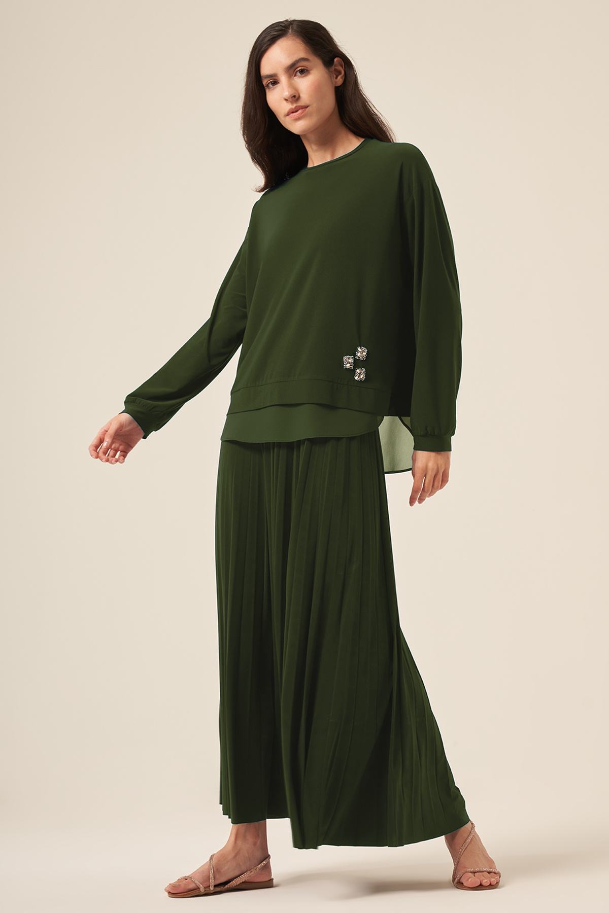 Ceremony-Beads Stone and Chiffon, Pleated Sandy Effect Suit 5982 Khaki 3