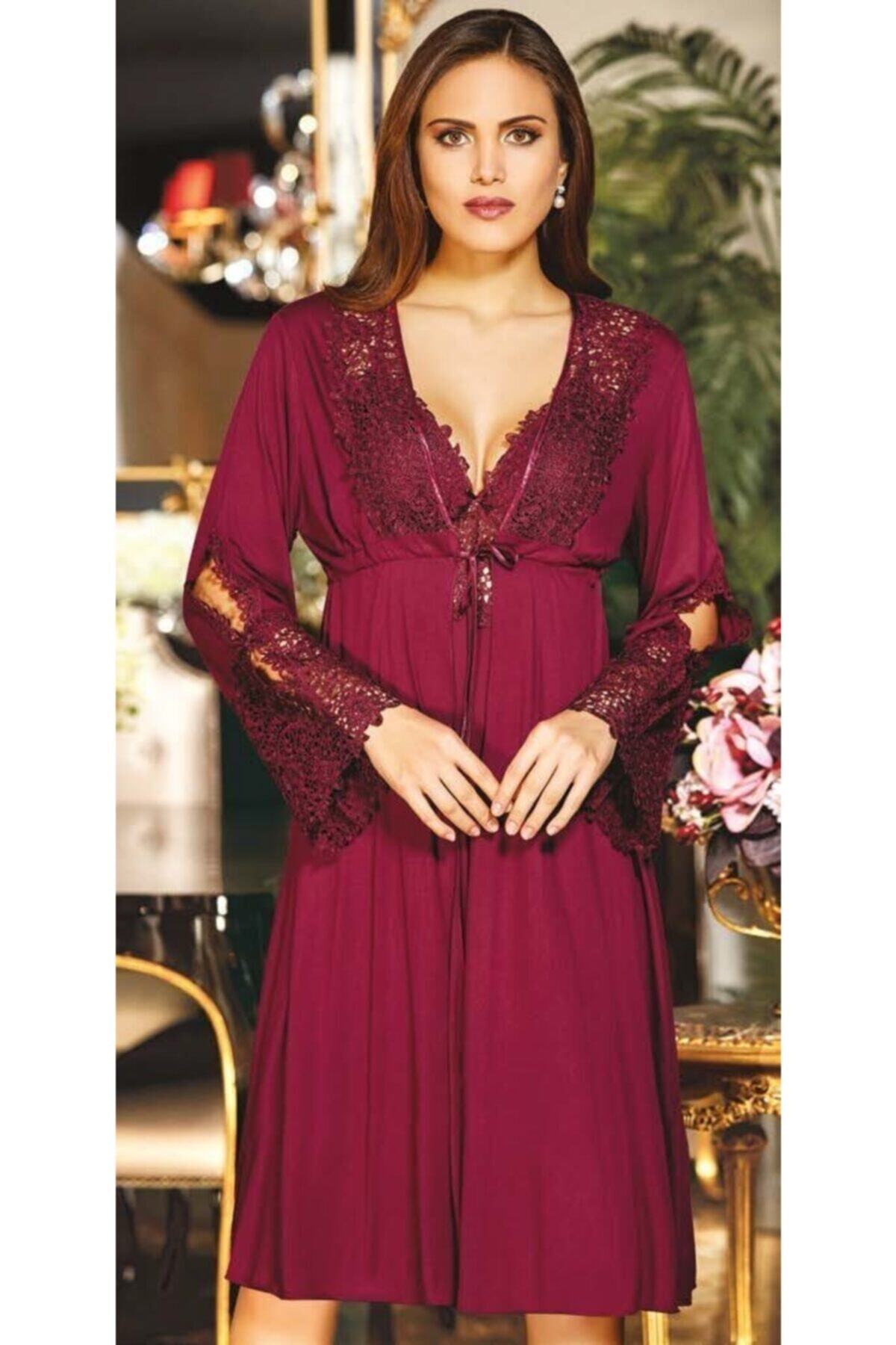 Alissa 561 Penye Dantelli Kısa Altılı Gecelik Sabahlık Takım Bordo