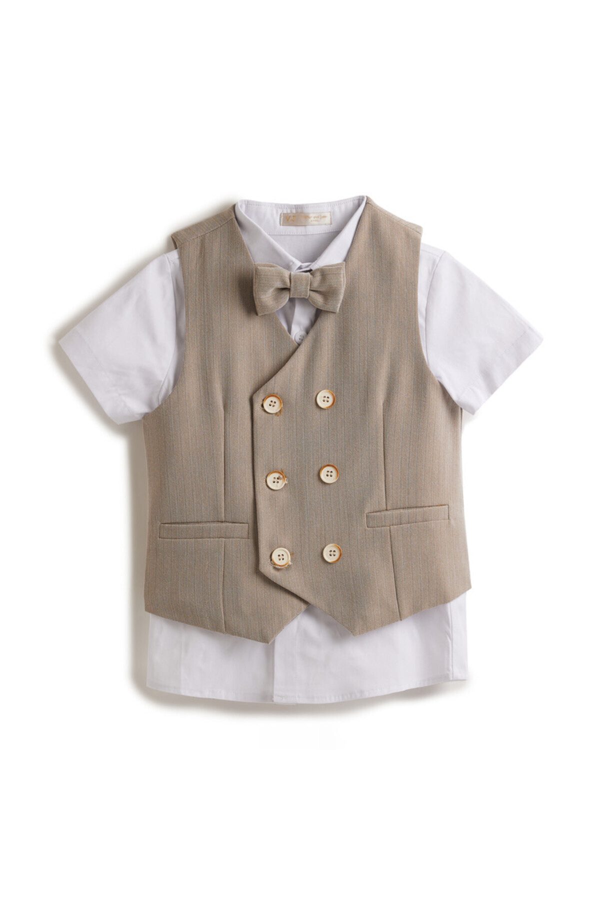 Victor and Jane-Neutral/Beige Waistcoat And Short Set With Shirt And Bow Tie 3