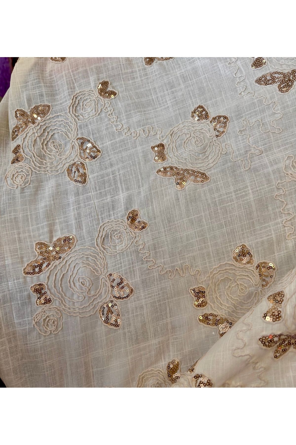 ODDA TASARIM ATÖLYESİ-100% Cotton Organic Fabric with Brown Sequin Embroidery on Top 1