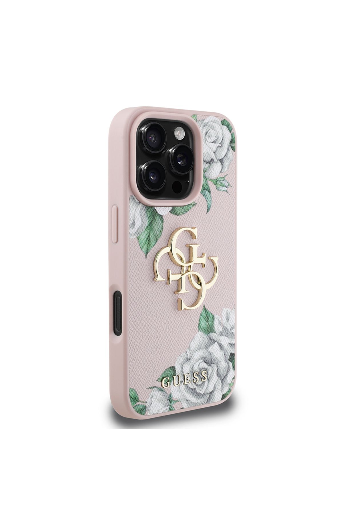 کاور و قاب آیفون 16 PRO CASE GUESS دارای مجوز گل رز سفید طرح دار 4G فلزی بزرگ با صورتی Guess