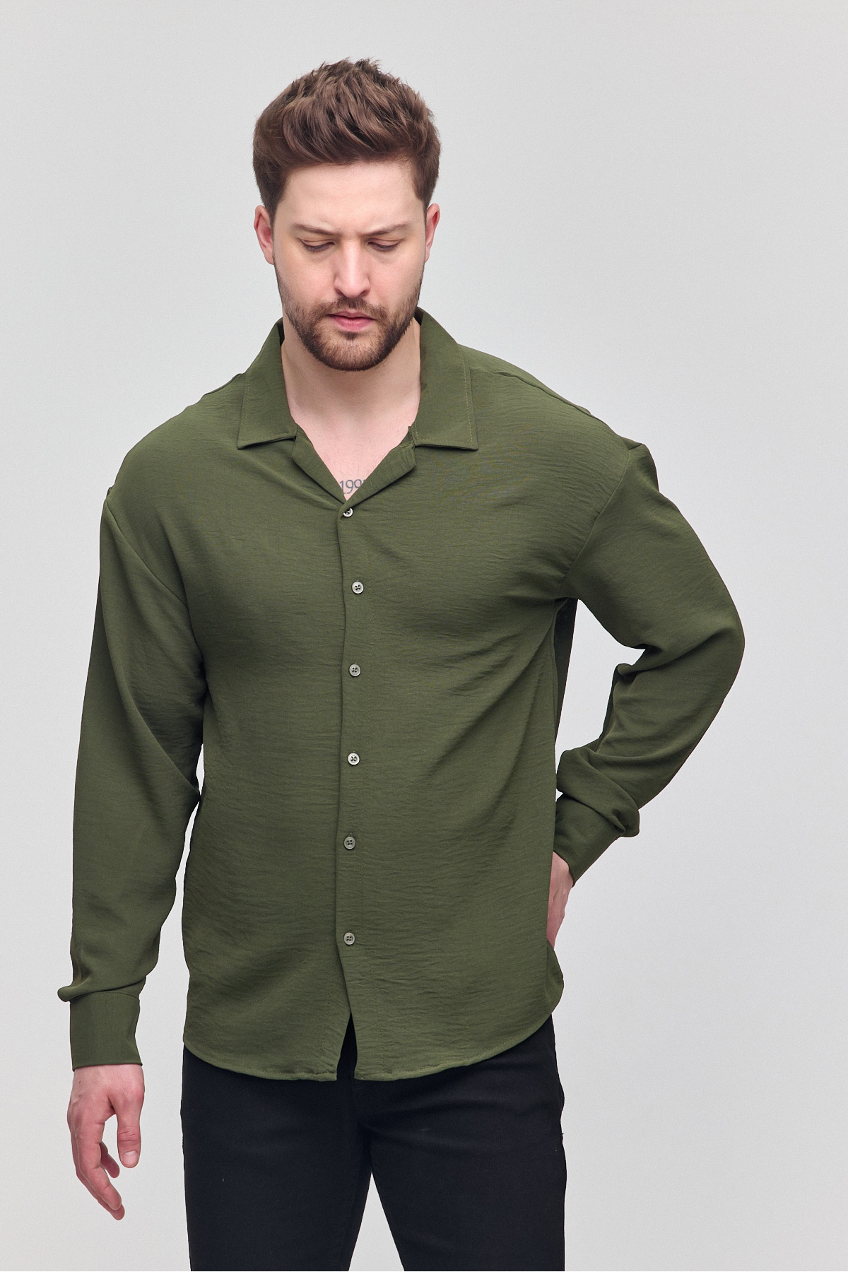COMBİNE MİCHAİL-Men's Oversize Shirt Collar Long Sleeve Linen Look Summer Shirt 4
