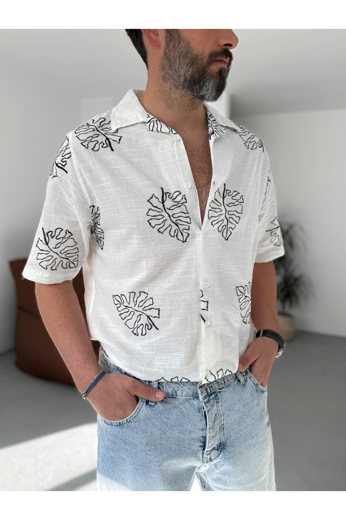 BYBASICMAN-White Leaf Embroidered Shirt G-5444 3