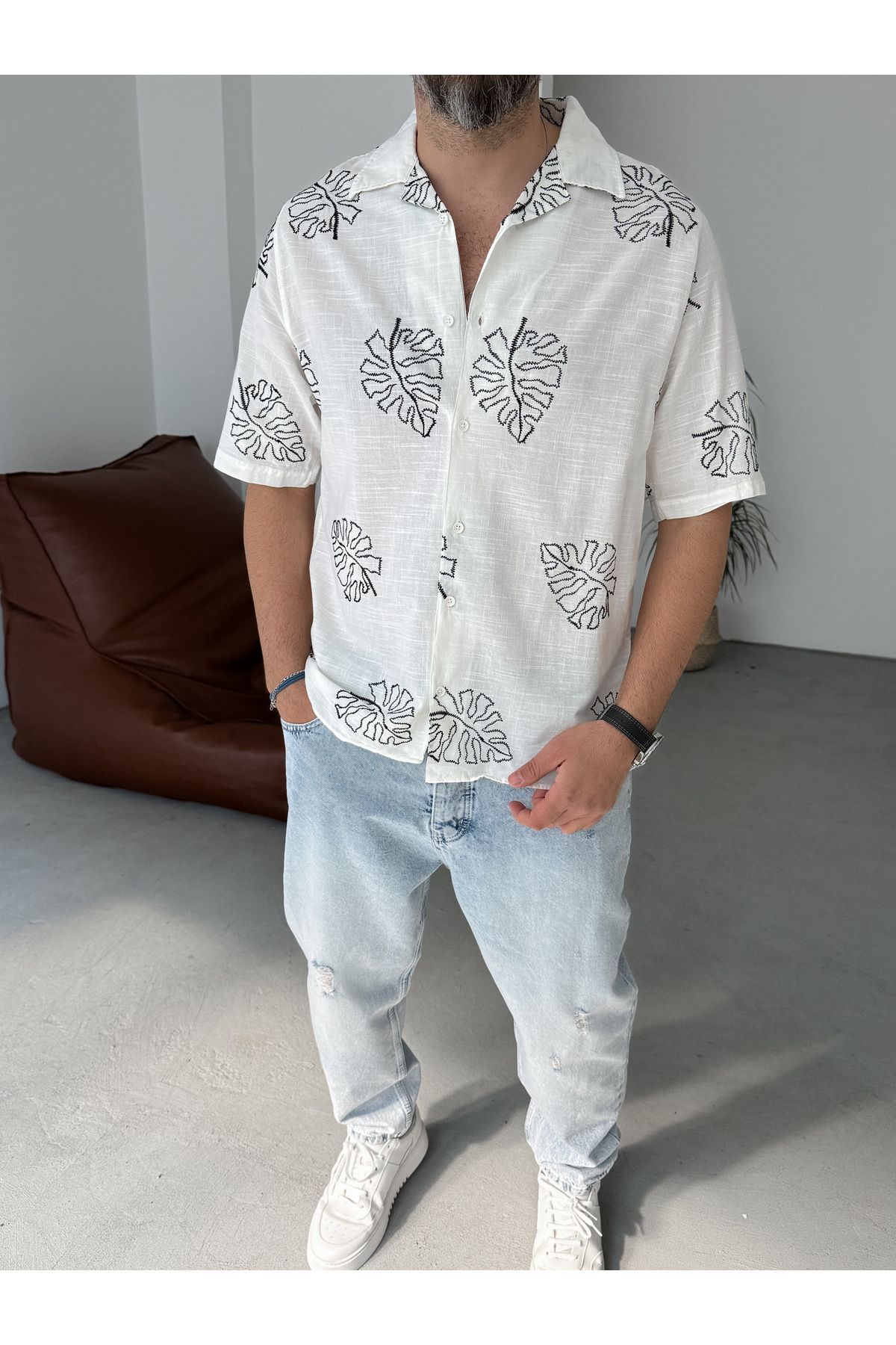 BYBASICMAN-White Leaf Embroidered Shirt G-5444 6