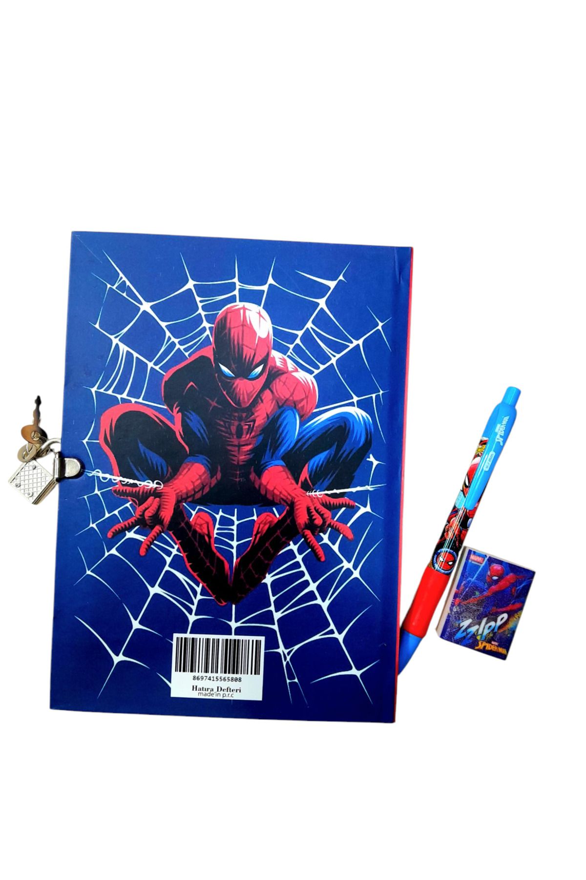 ÇİLEKHOMEAVM-Spiderman Character Locked Souvenir Daily Memory Notebook -Versatile Pen-Eraser Set 2