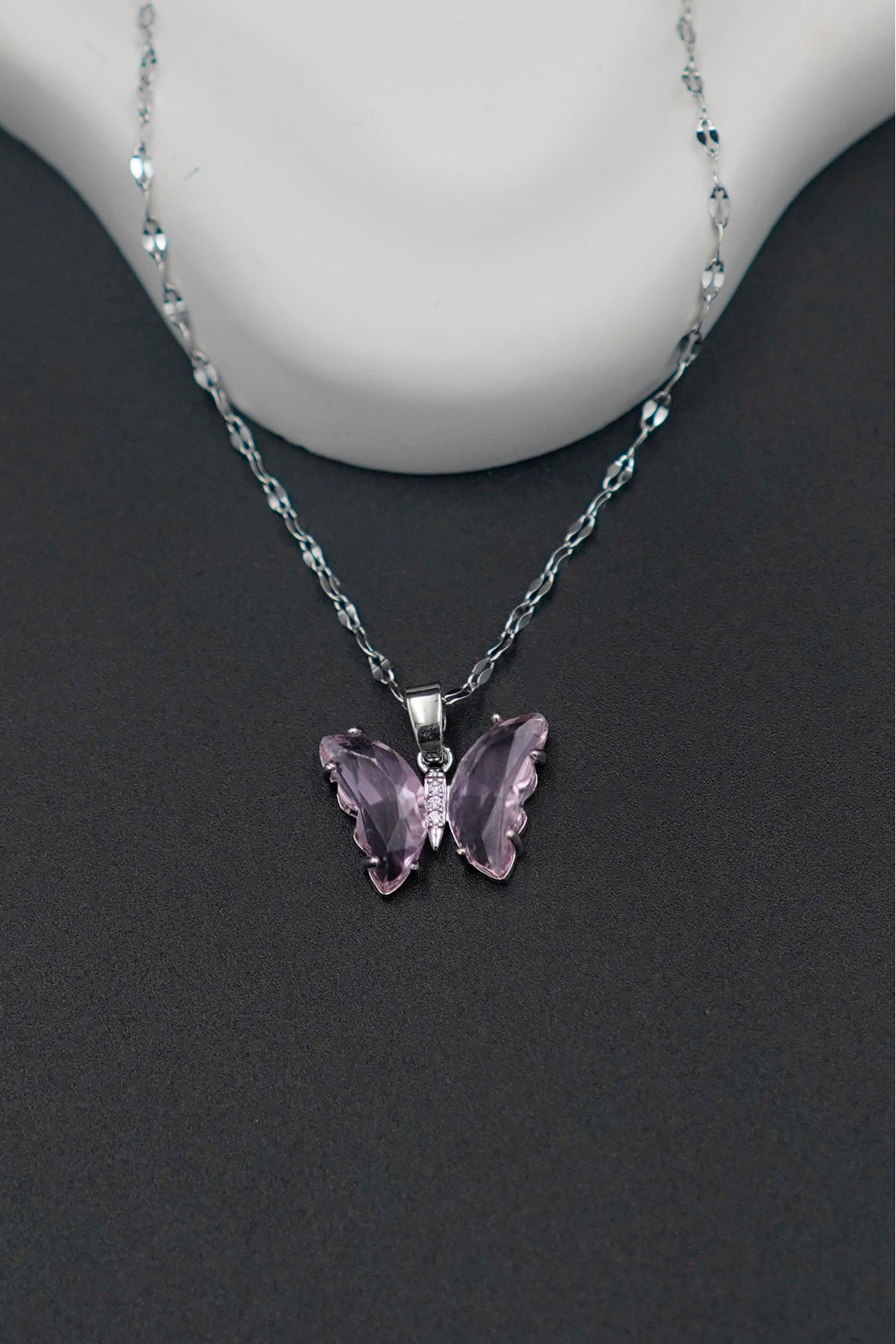 The Collection-Powder Pink Stone Butterfly Silver Steel Necklace 2