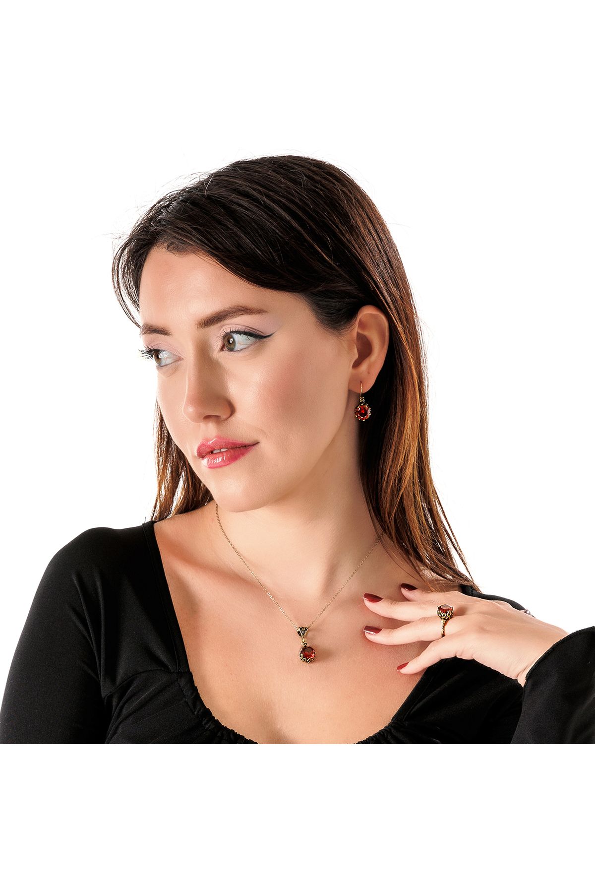 Atelier LEO Handmade Jewellery MİSTİK IŞILTI BORDO TAKIM YÜZÜK NO:5 BAKIR EL YAPIMI KARARMA YAPMAZ KADIN TAKI SETİ