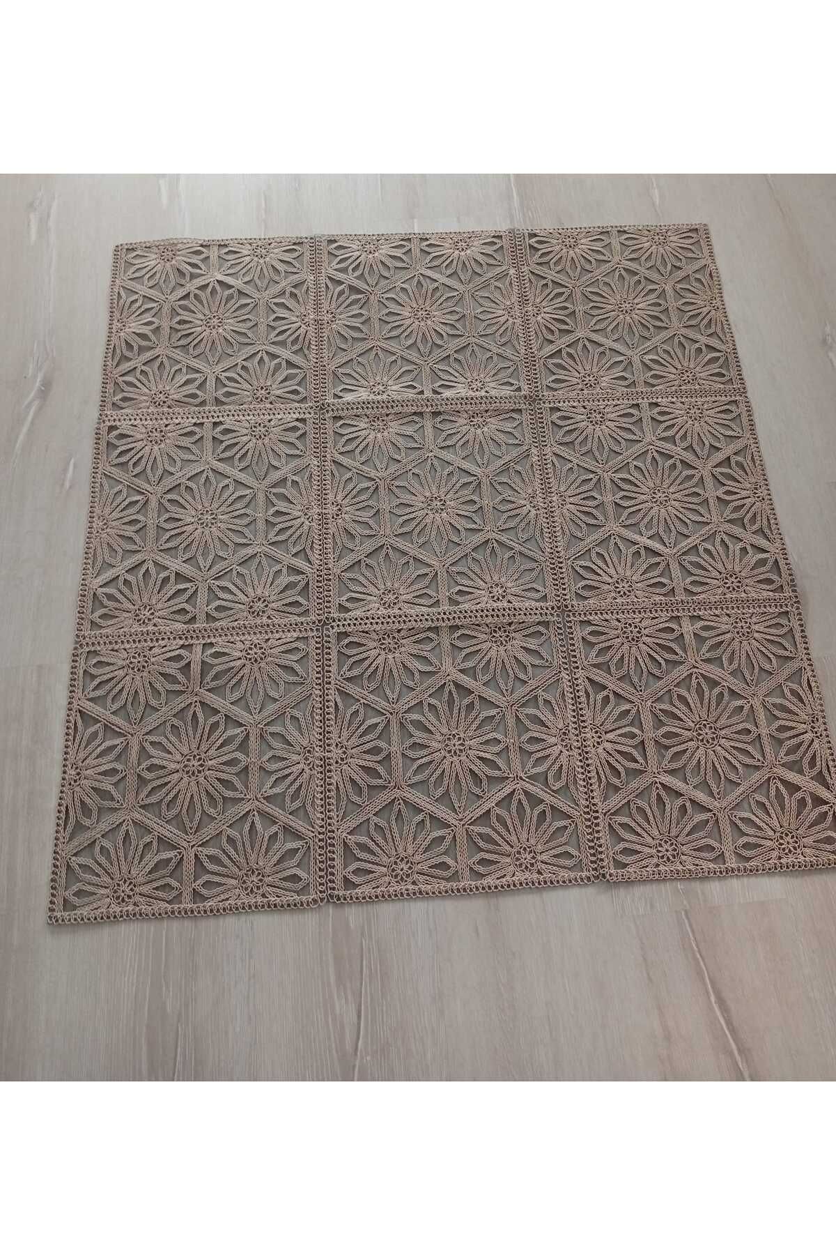Butik Fransız Dantel Zemini Siyah Tül Tek Fiskos 90x90cm Güneş Desenli Sehpa Örtüsü Fiskos