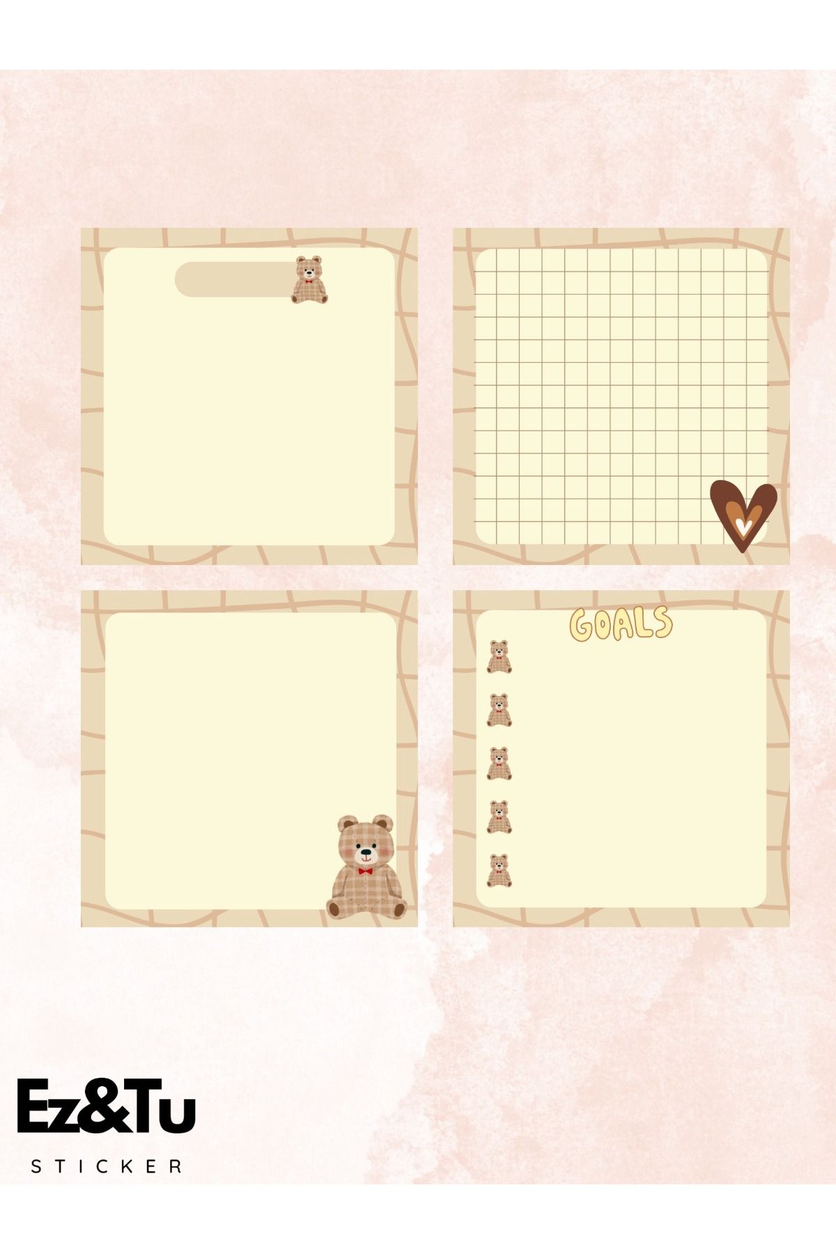 Ez&Tu Stıcker-8X8 Patterned Set of 4 Memopad Notepad Planner Cute Bear Themed Cube Notes 1