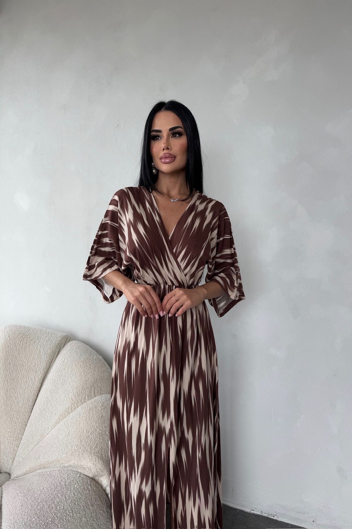 LİLA İSTANBUL-Double-breasted collar viscose fabric ethnic patterned slit detailed summer dress 3