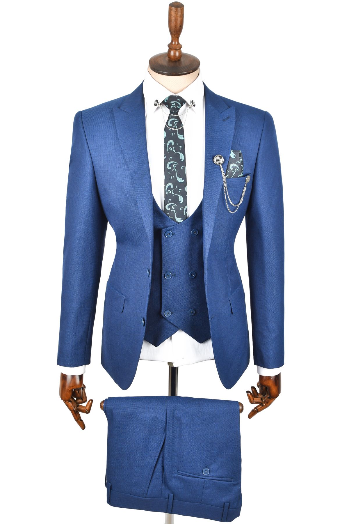 DeepSEA Erkek Lacivert Slim Fit Kesim Çift Düğme Çift Yırtmaç 3 Lü Takım Elbise 2308741