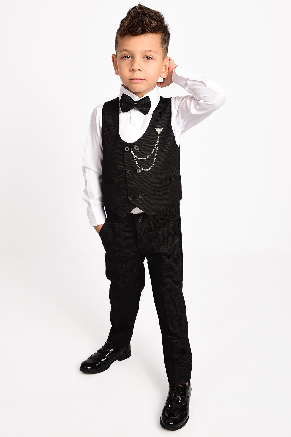Merdia Kids-Costum smoking pentru băieți, vestă cu 6 nasturi, cu papion și lanț 4