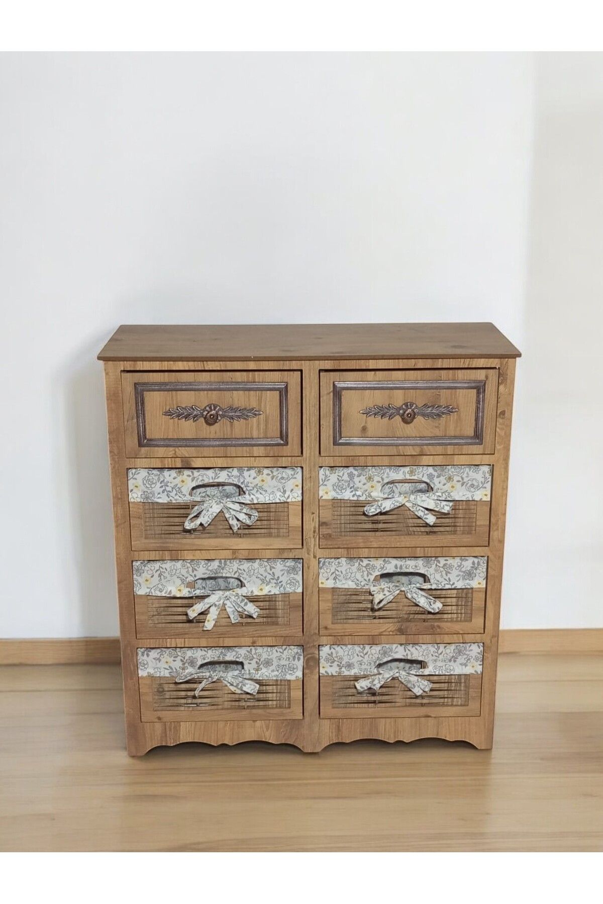 woodluck Ahşap 8 Çekmeceli Hasır Görünümlü Yıkanabilir Bezli Sebzelik (Atlantik Çam)