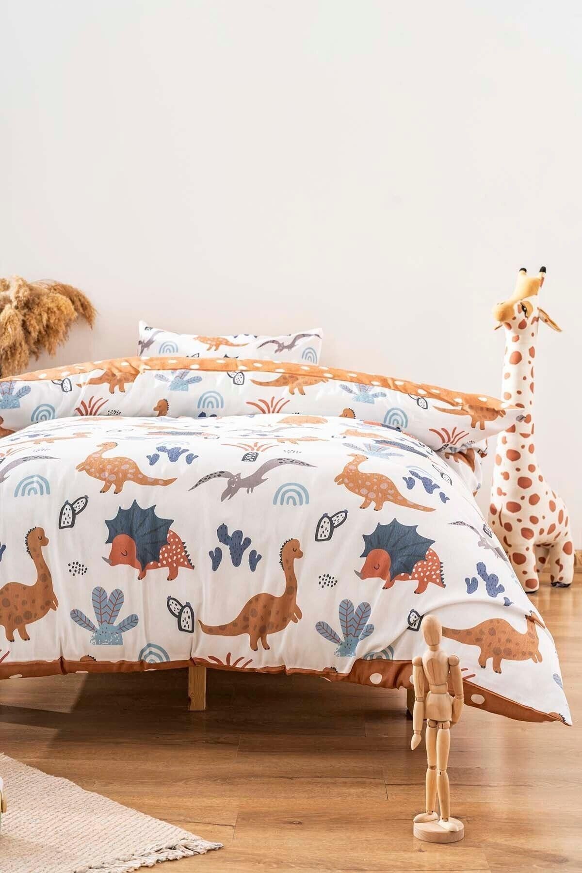 Zethome-Brown Dinosaur Double Sided Children's Duvet Cover Set Cotton 160X220Cm 2