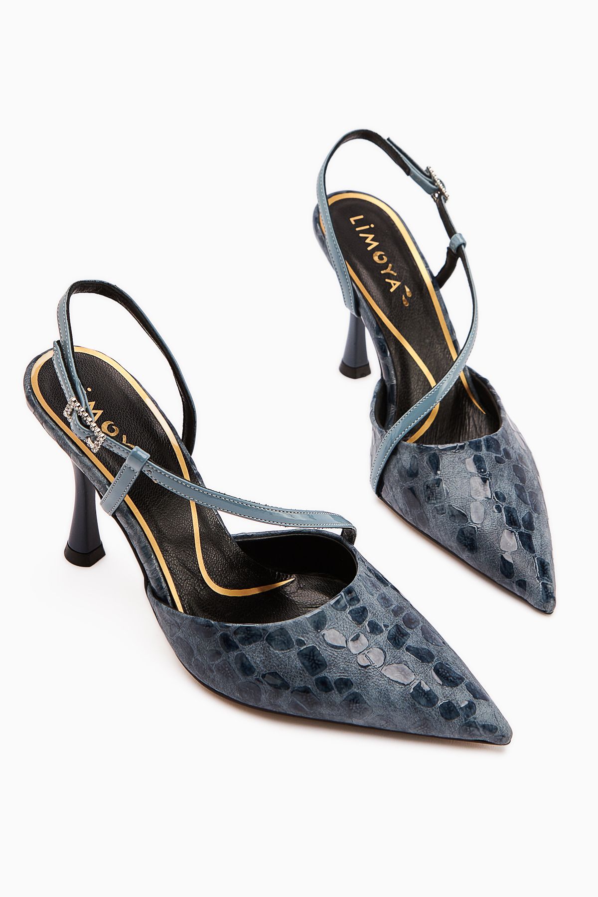 Limoya-Genuine Leather Sarah Navy Blue Crocodile Patterned Pointed Toe Heeled Women's Shoes 4