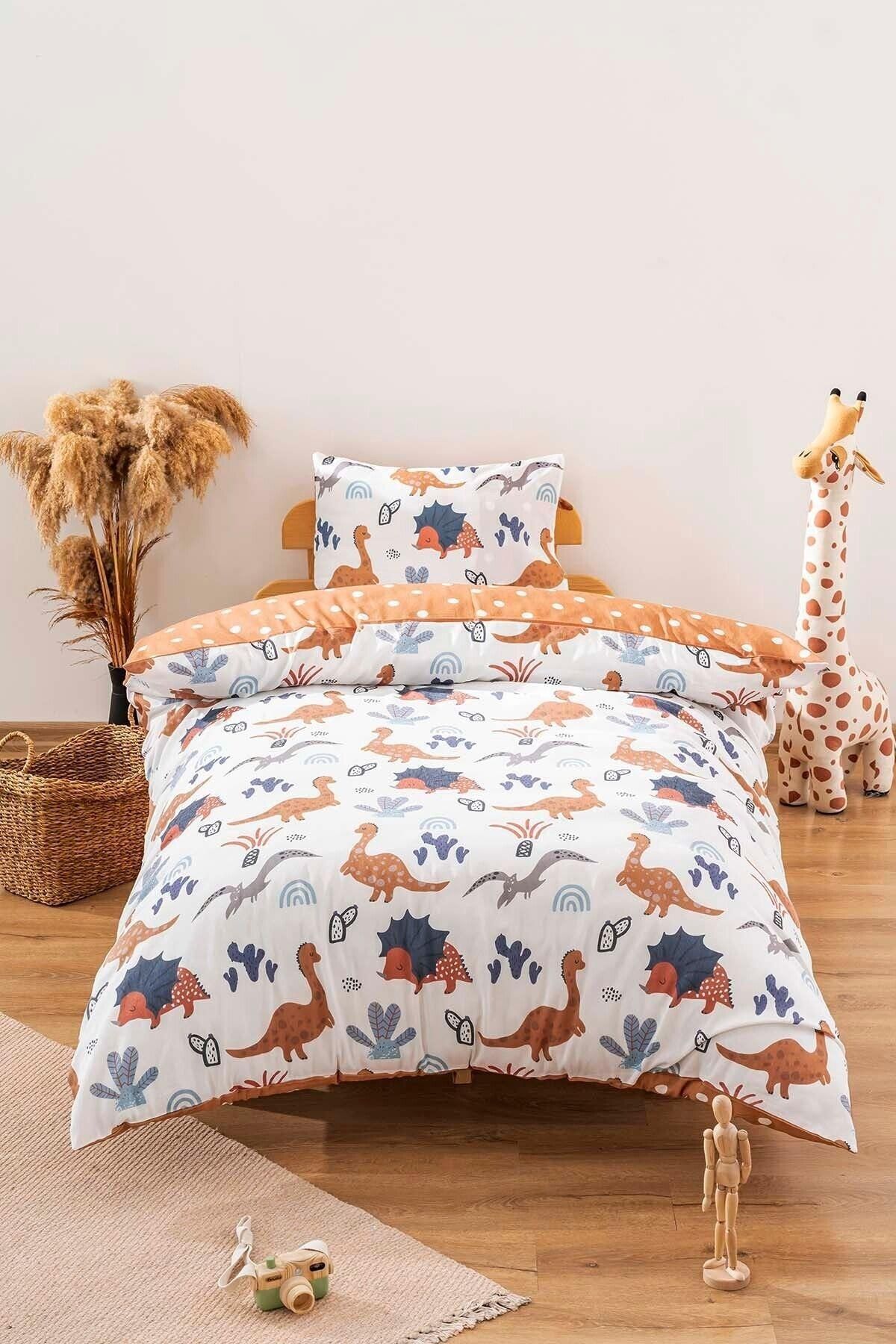 Zethome-Brown Dinosaur Double Sided Children's Duvet Cover Set Cotton 160X220Cm 1