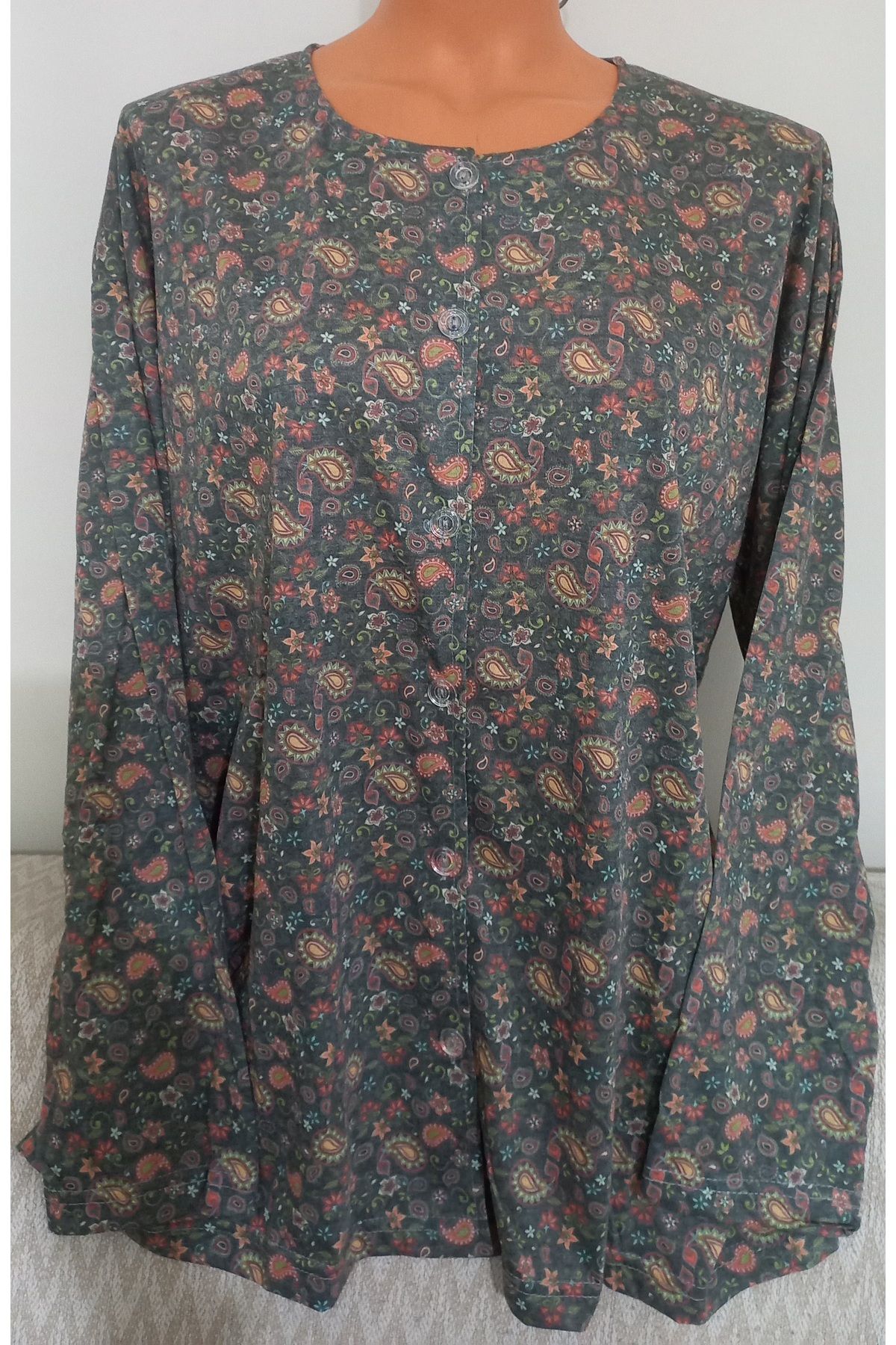 Anne-Er Clothing Mother Summer Combed Cotton Blouse Button-Down Print Green Floral 6
