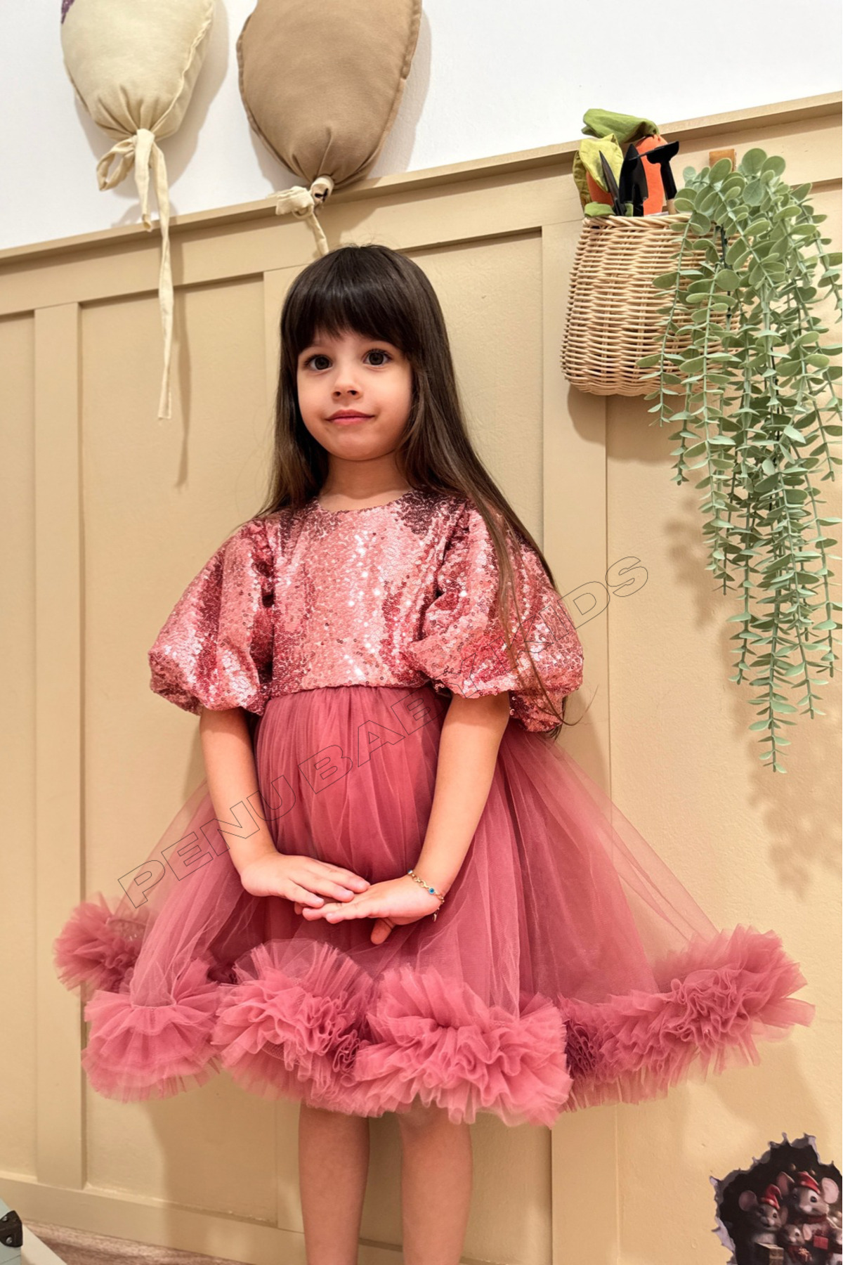 penu baby kids Gül Kurusu Payetli Balon Kollu Grenli Tül Etek Ucu Fırfırlı Kız Bebek & Kız Çocuk Elbise - Terr fotoğrafı 5 (önizleme)