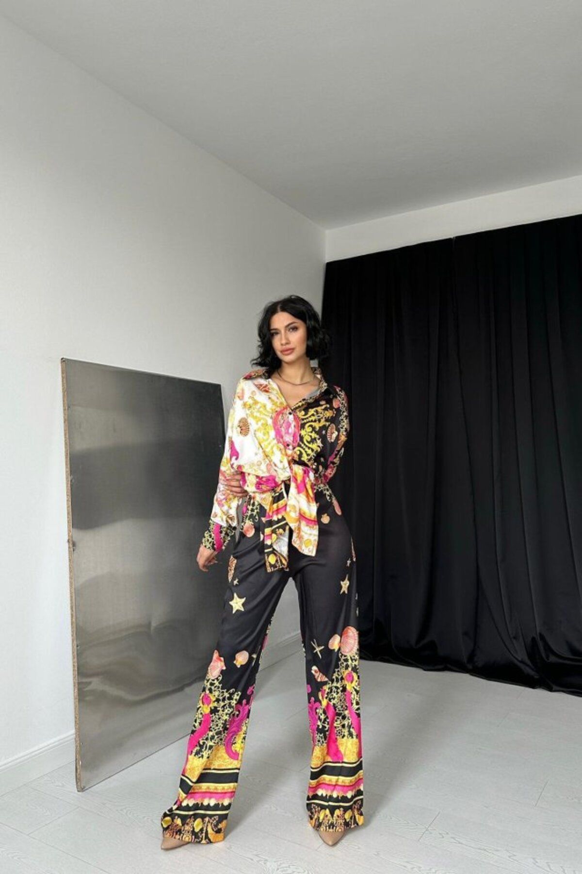 velmorafashion Desenli Gömlek Ve Desenli Pantolon Takım