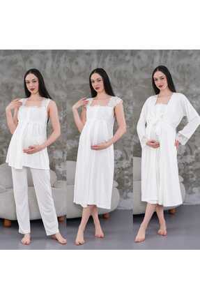 CT MODA Lohussa Kadın Ekru Tasarım Yazlık Pamuk Hamile Lohusa Sabahlık, Pijam...