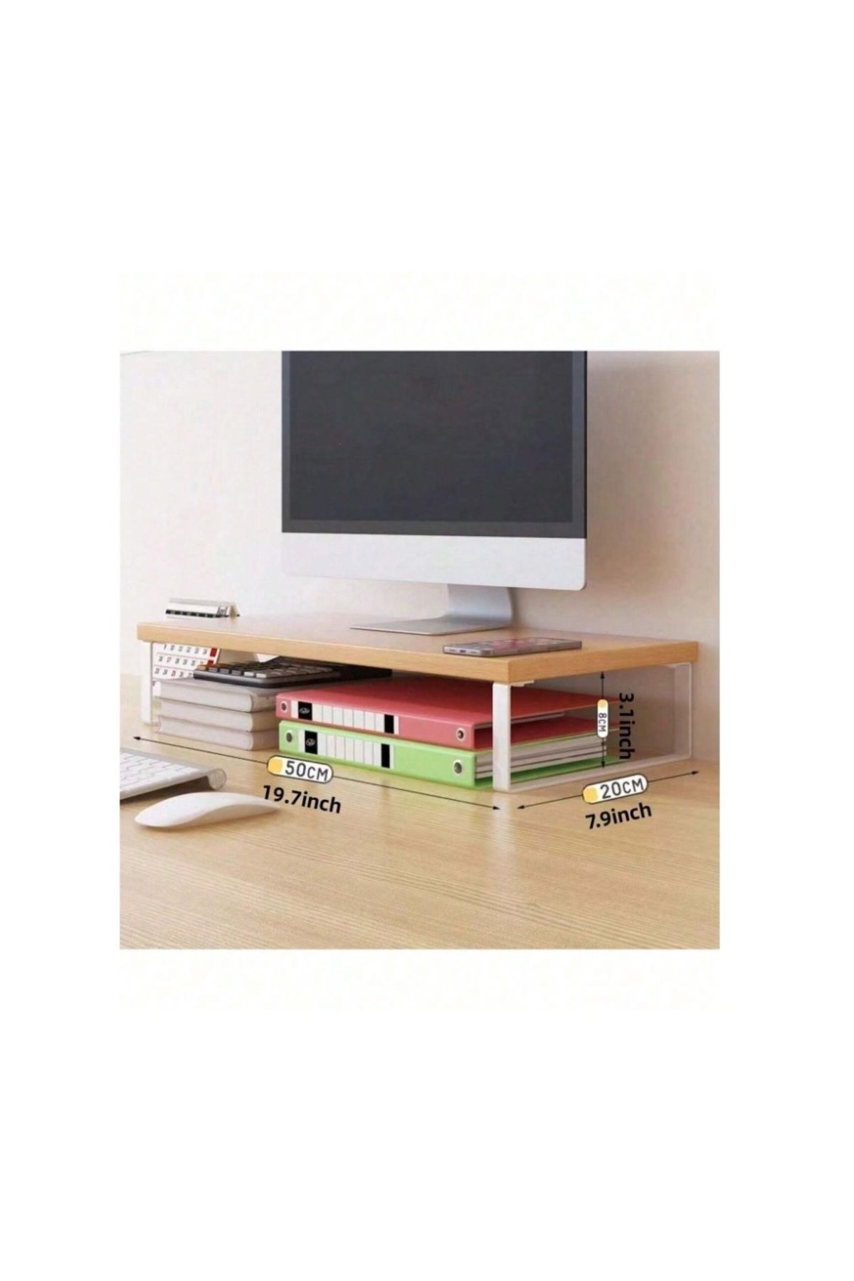 Generic-Natural Wood Color Computer Monitor Stand,Assemblable,Wooden Desk Shelf ,Metal Legs Closed 50*20cm 3