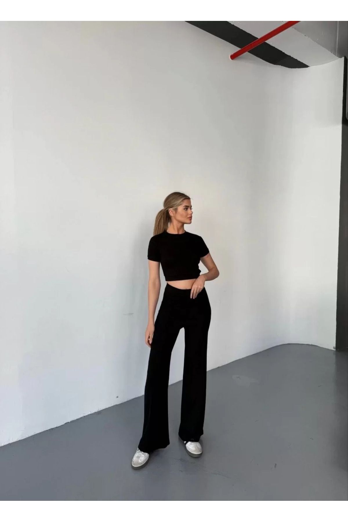 SA Alişveriş Dünyam Osy Modal Yumuşak Dokulu Kumaş Kısa Kollu Crop Rahat Pantalon ikili Takım - Siyah