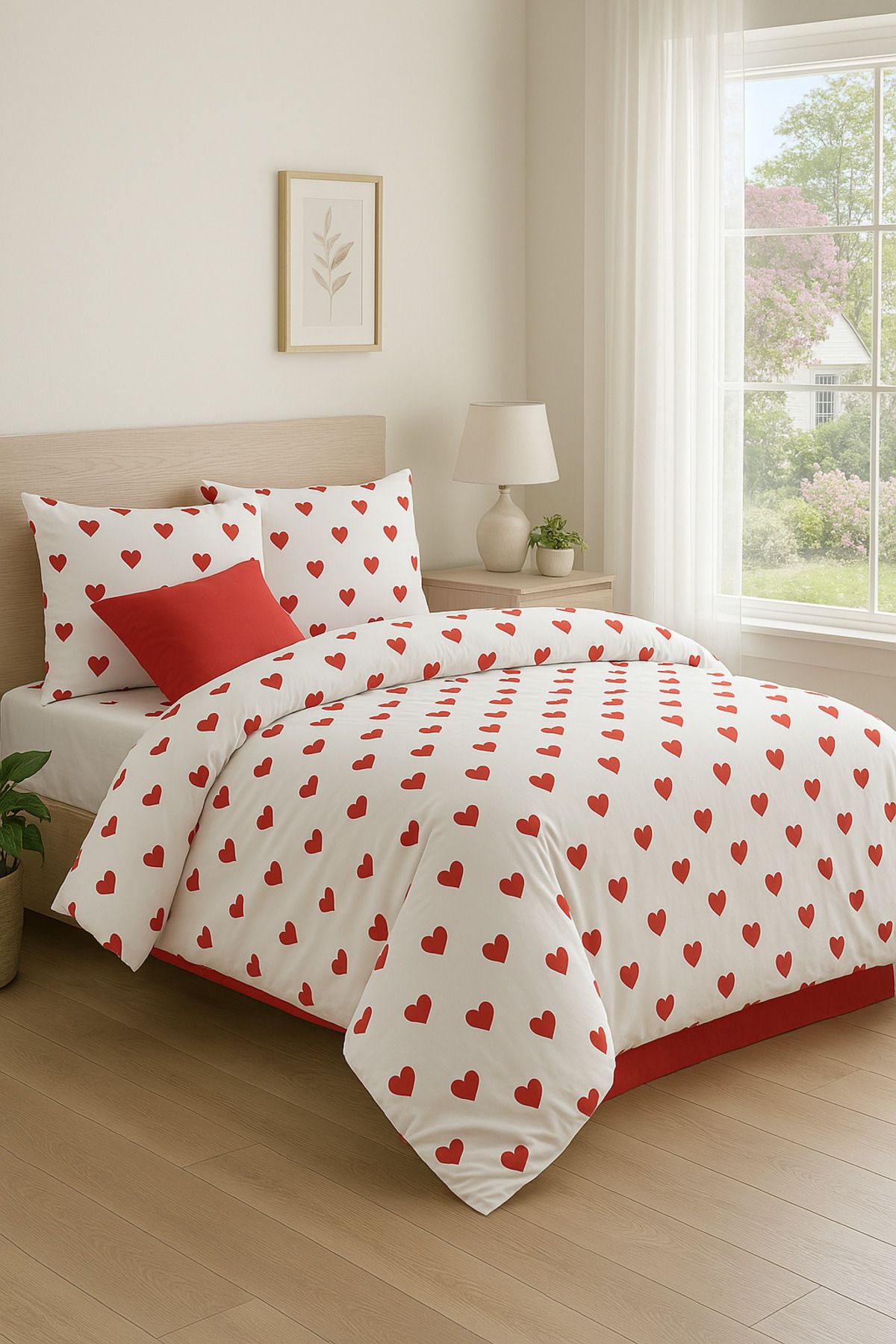 GARDEN ROOM-Double Duvet Cover & 2 Pillowcase Set Red Heart Pattern / No Sheets 2