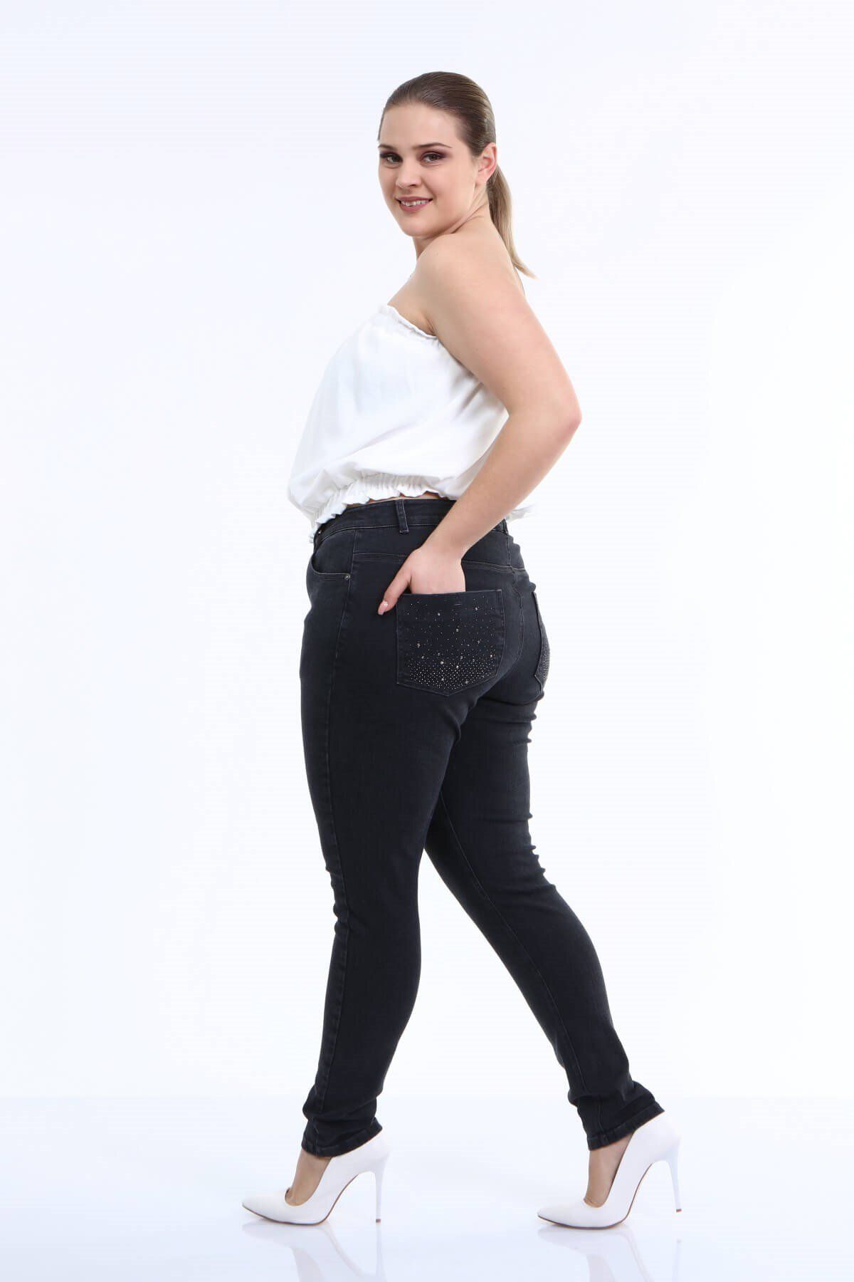 MYLİNE-Pantaloni din denim cu imprimeu cu pietre în buzunarul din spate 4
