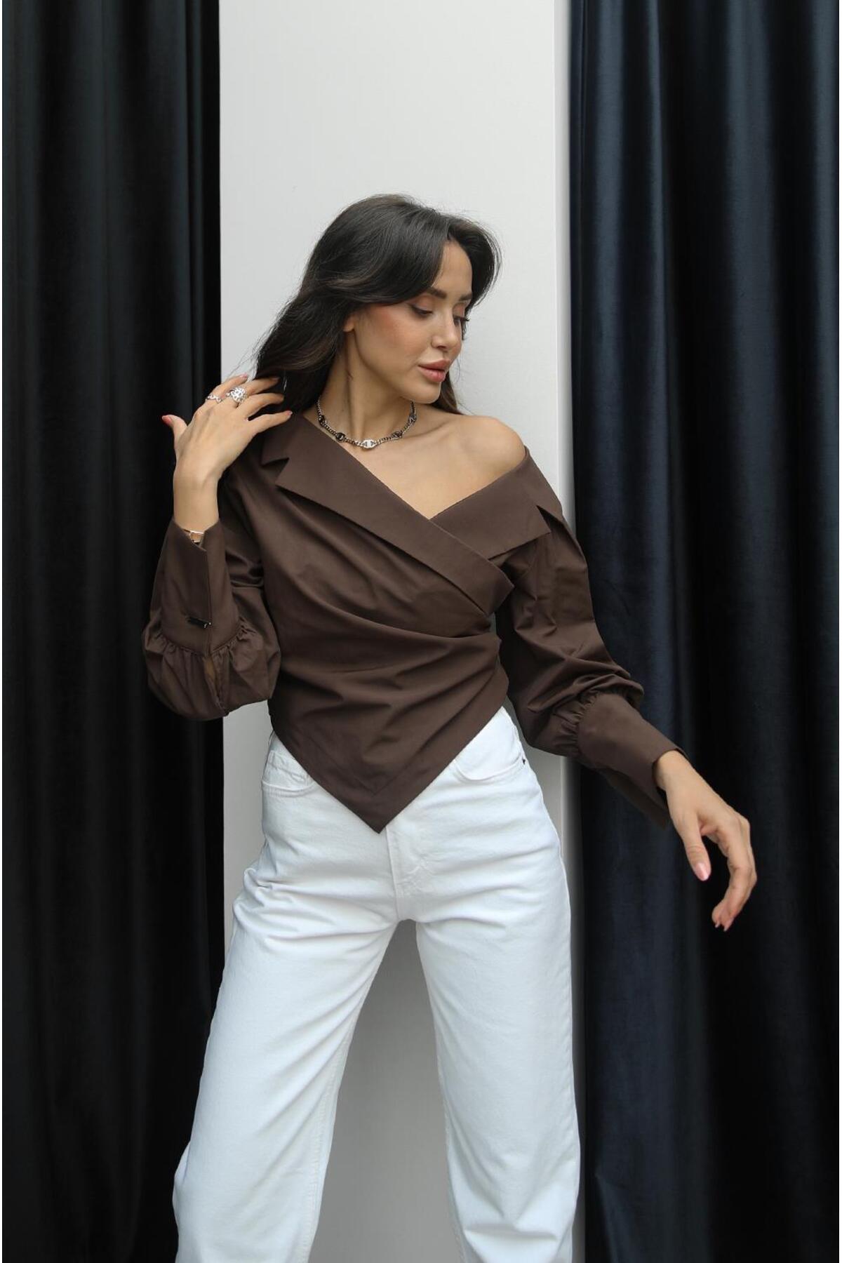 Havoş  Kahverengi Asimetrik Kesim İp Bağcıklı Gömlek - Görsel 2